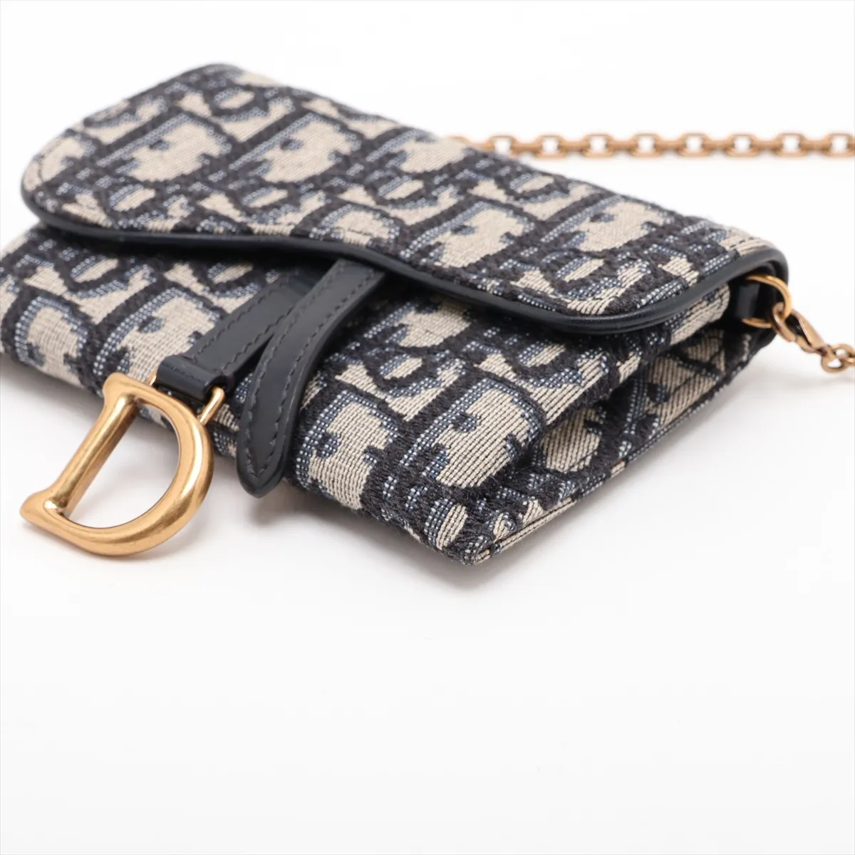 Oblique Saddle Canvas x Leather Chain Shoulder Bag, Navy — view 3
