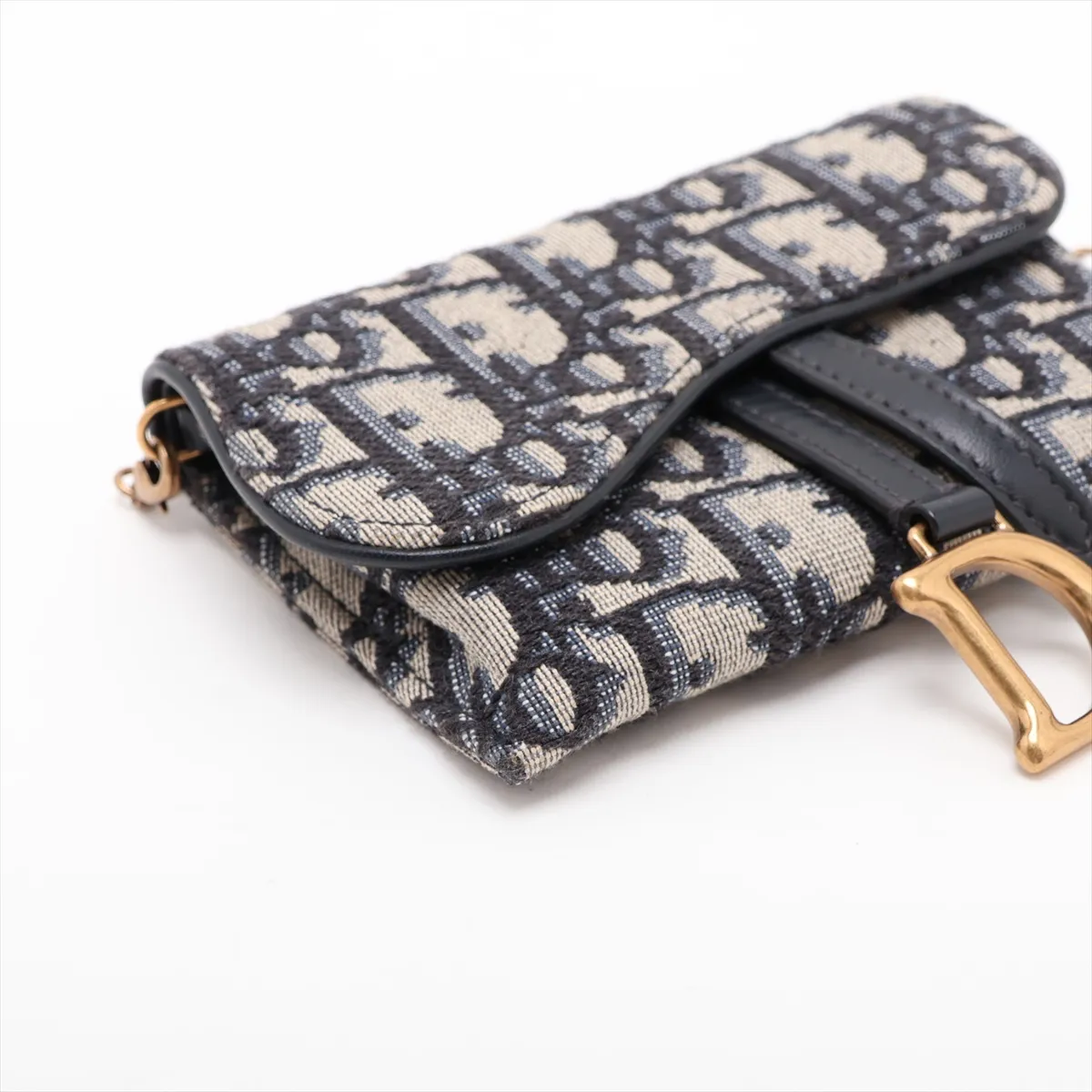 Oblique Saddle Canvas x Leather Chain Shoulder Bag, Navy — view 4