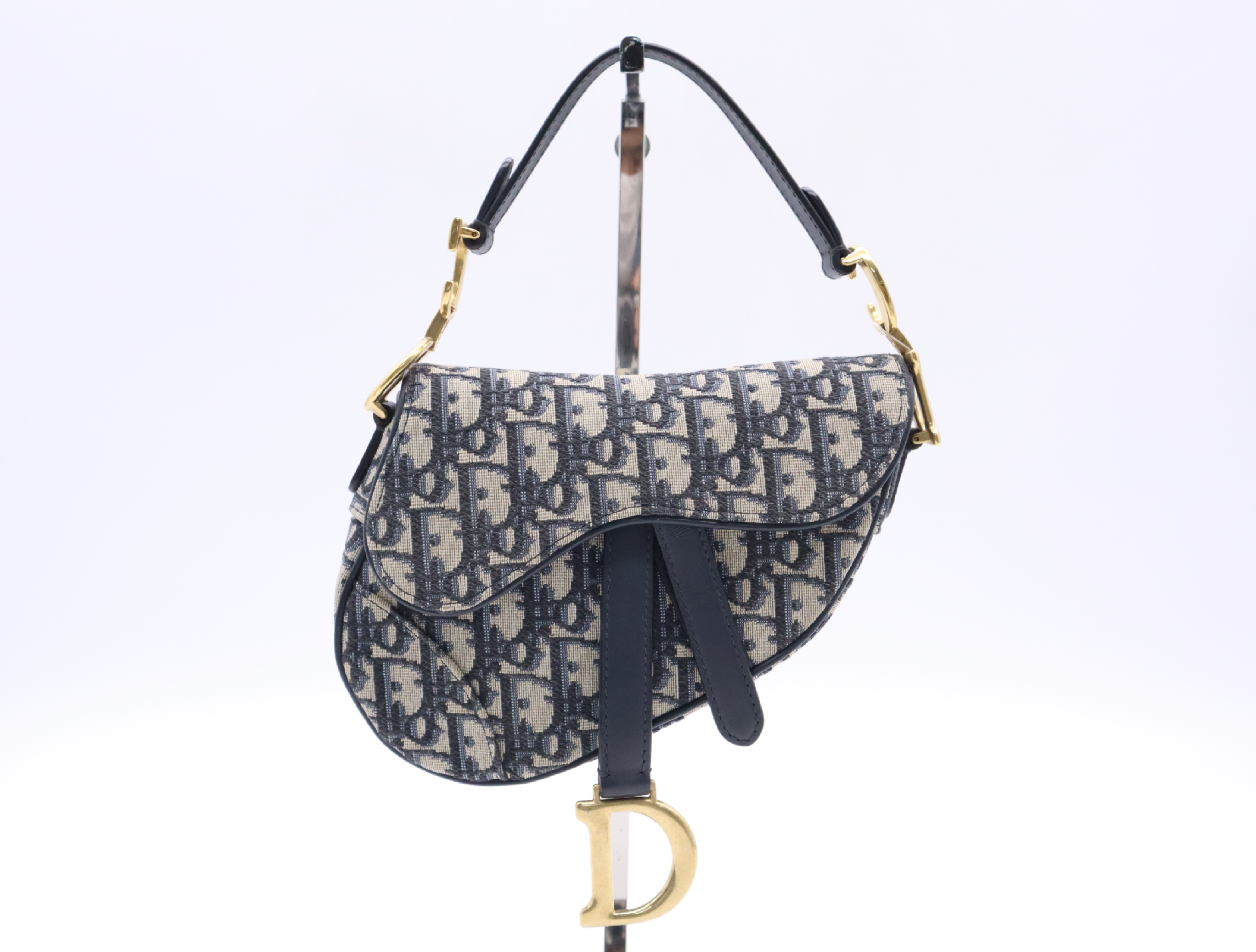 Canvas x Leather Oblique Saddle Bag Handbag Navy Handbag