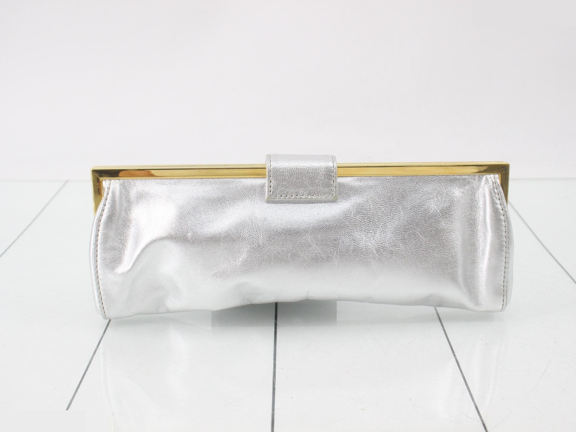 Clutch bag, gold hardware, leather, silver — view 2
