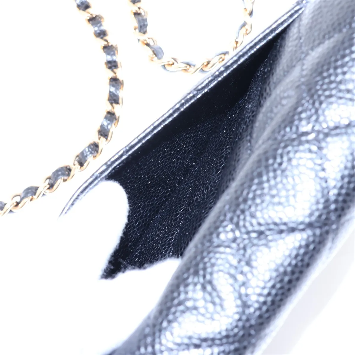 Matelassé Caviar Skin Chain Wallet, Black with Gold Hardware, EC602K80, Random Plate, AP0250 — view 11