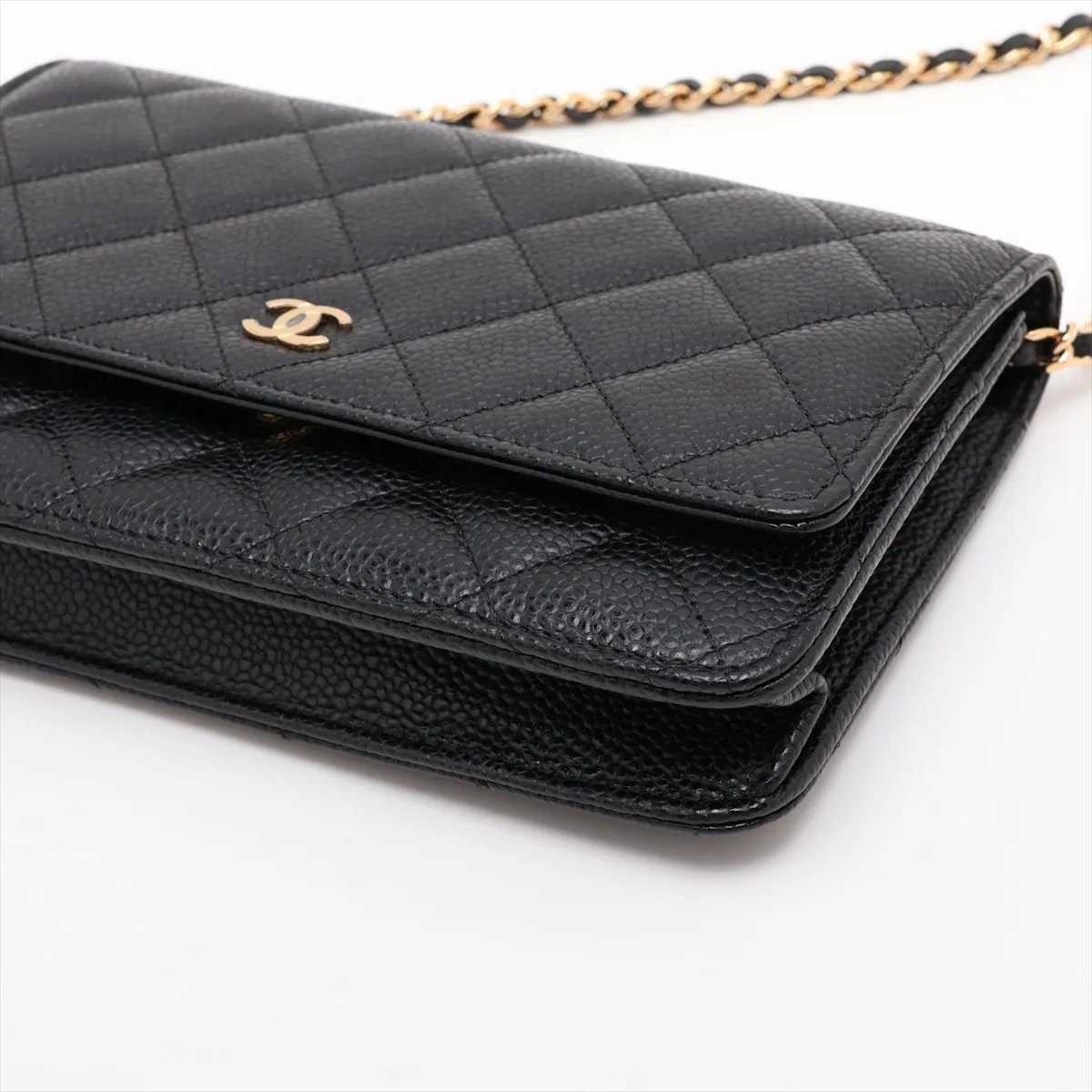 Matelassé Caviar Skin Chain Wallet, Black with Gold Hardware, EC602K80, Random Plate, AP0250 — view 3