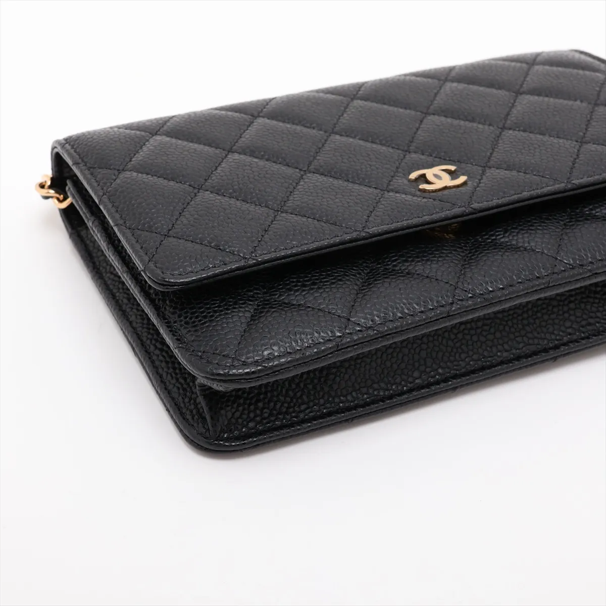 Matelassé Caviar Skin Chain Wallet, Black with Gold Hardware, EC602K80, Random Plate, AP0250 — view 4