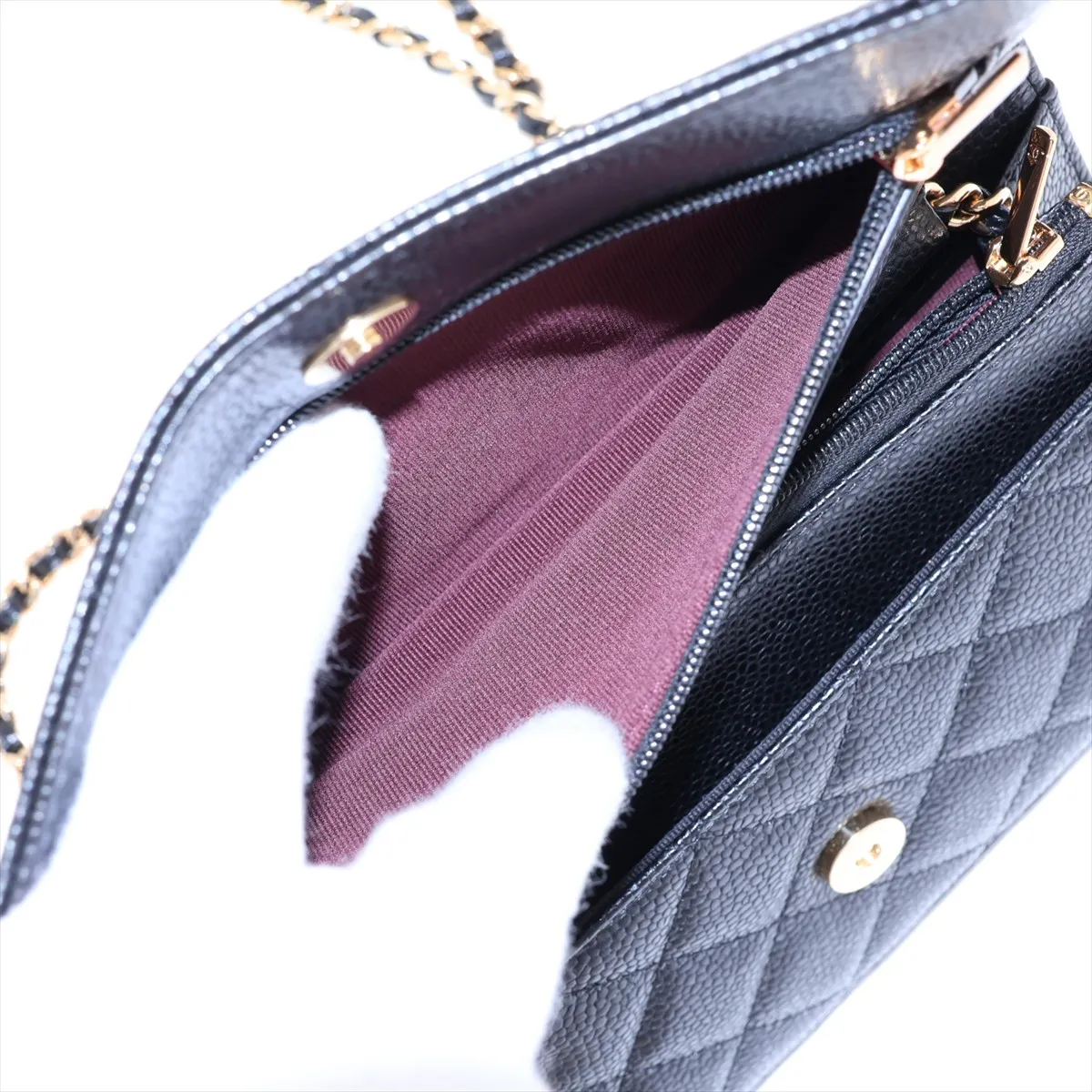 Matelassé Caviar Skin Chain Wallet, Black with Gold Hardware, EC602K80, Random Plate, AP0250 — view 10