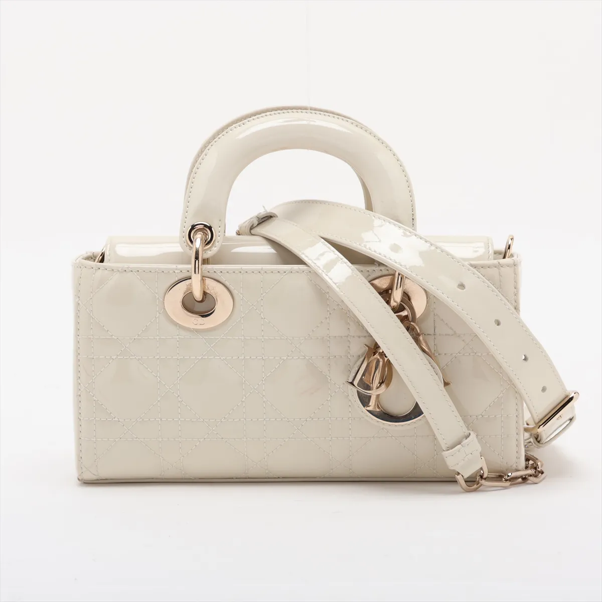 Cannage Lady D-Joy Small Patent Leather 2-Way Handbag White