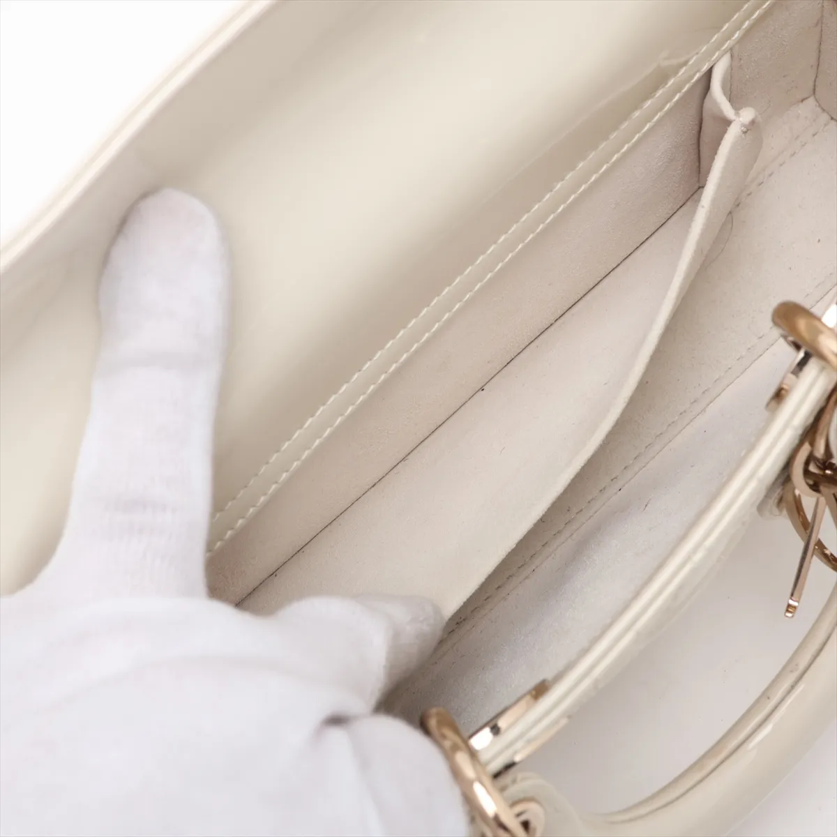 Cannage Lady D-Joy Small Patent Leather 2-Way Handbag White — view 9