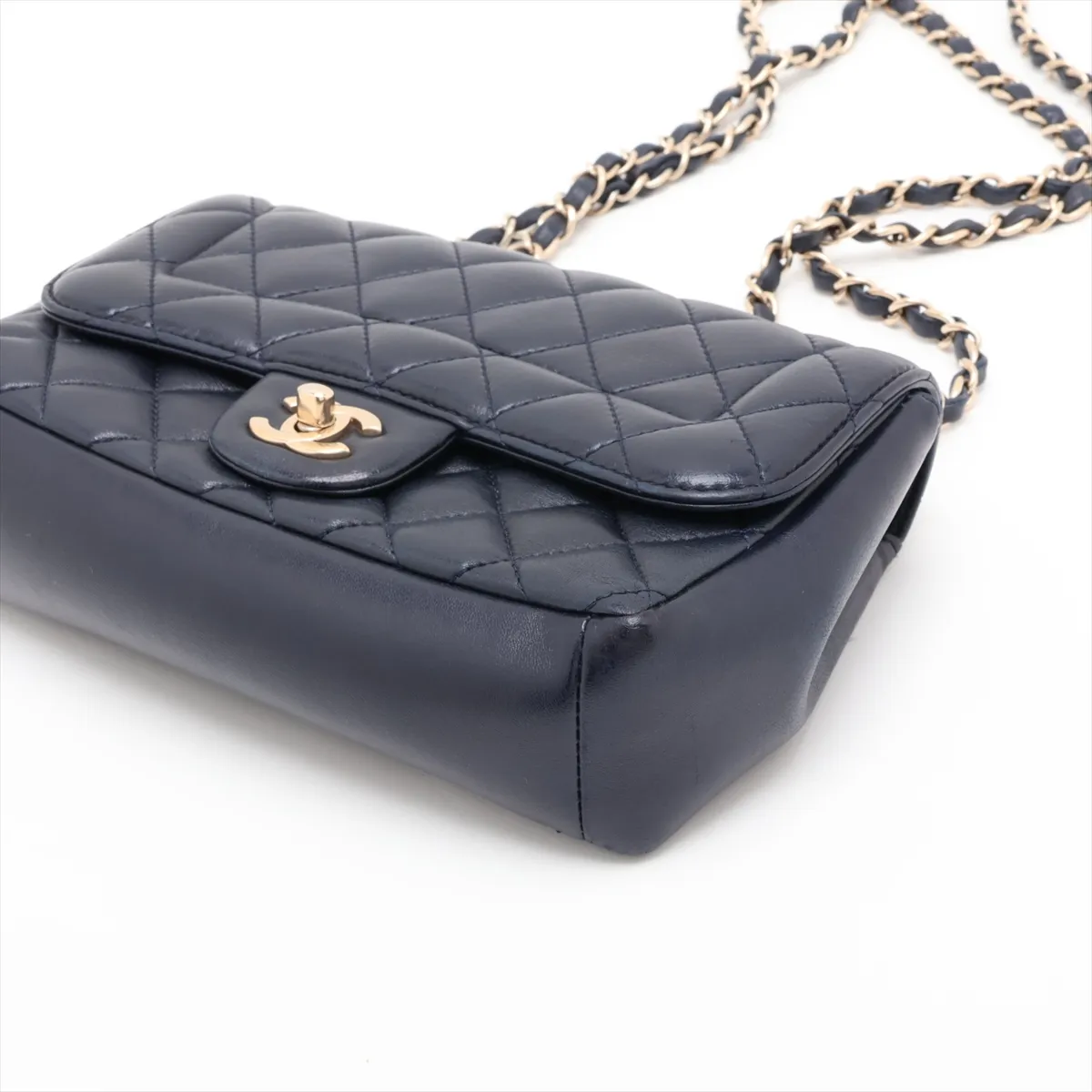 Matelassé Lambskin Single Flap Double Chain Bag, Navy, Gold Hardware, 21941008, Serial Number 21 — view 3