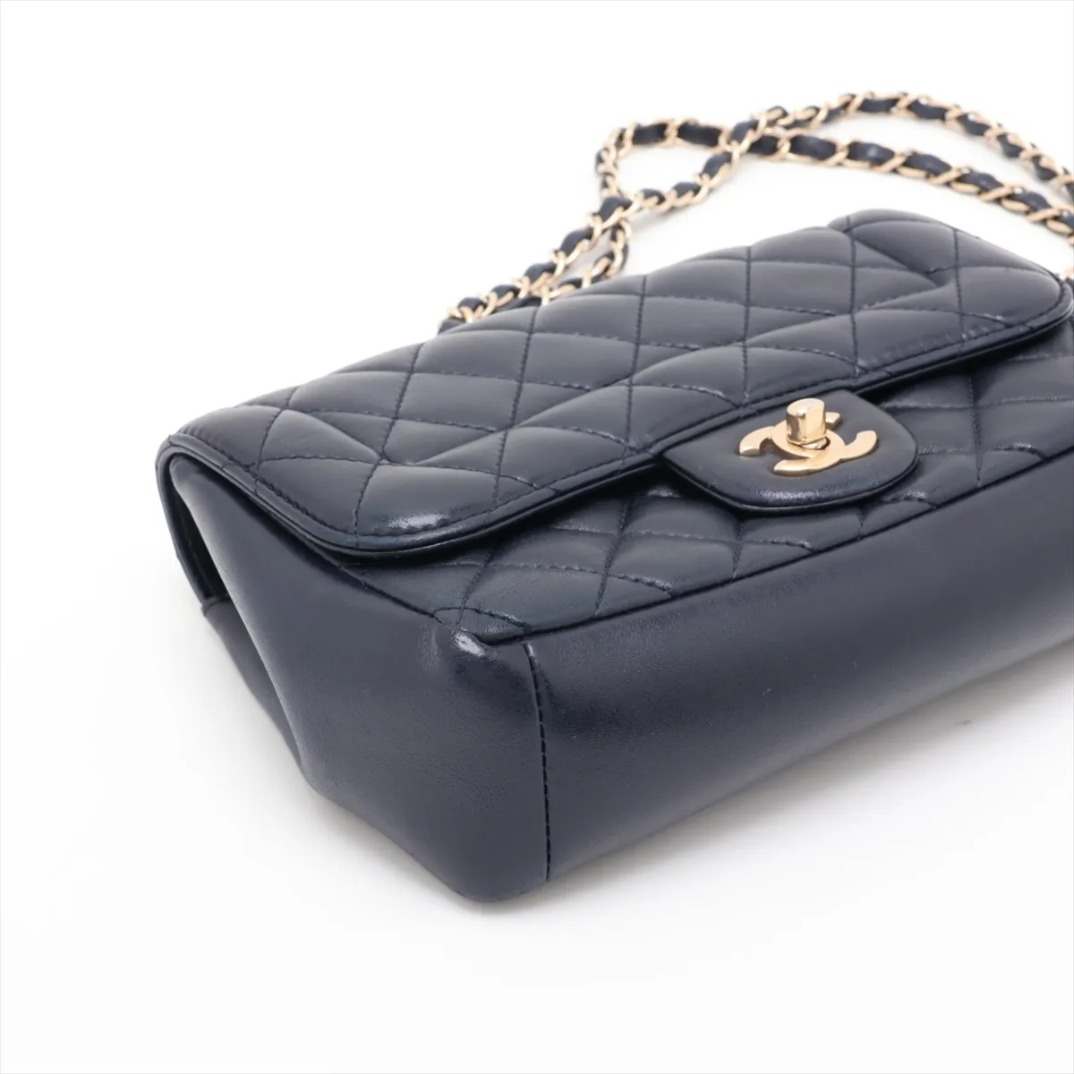 Matelassé Lambskin Single Flap Double Chain Bag, Navy, Gold Hardware, 21941008, Serial Number 21 — view 4