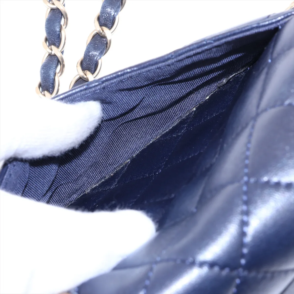 Matelassé Lambskin Single Flap Double Chain Bag, Navy, Gold Hardware, 21941008, Serial Number 21 — view 9