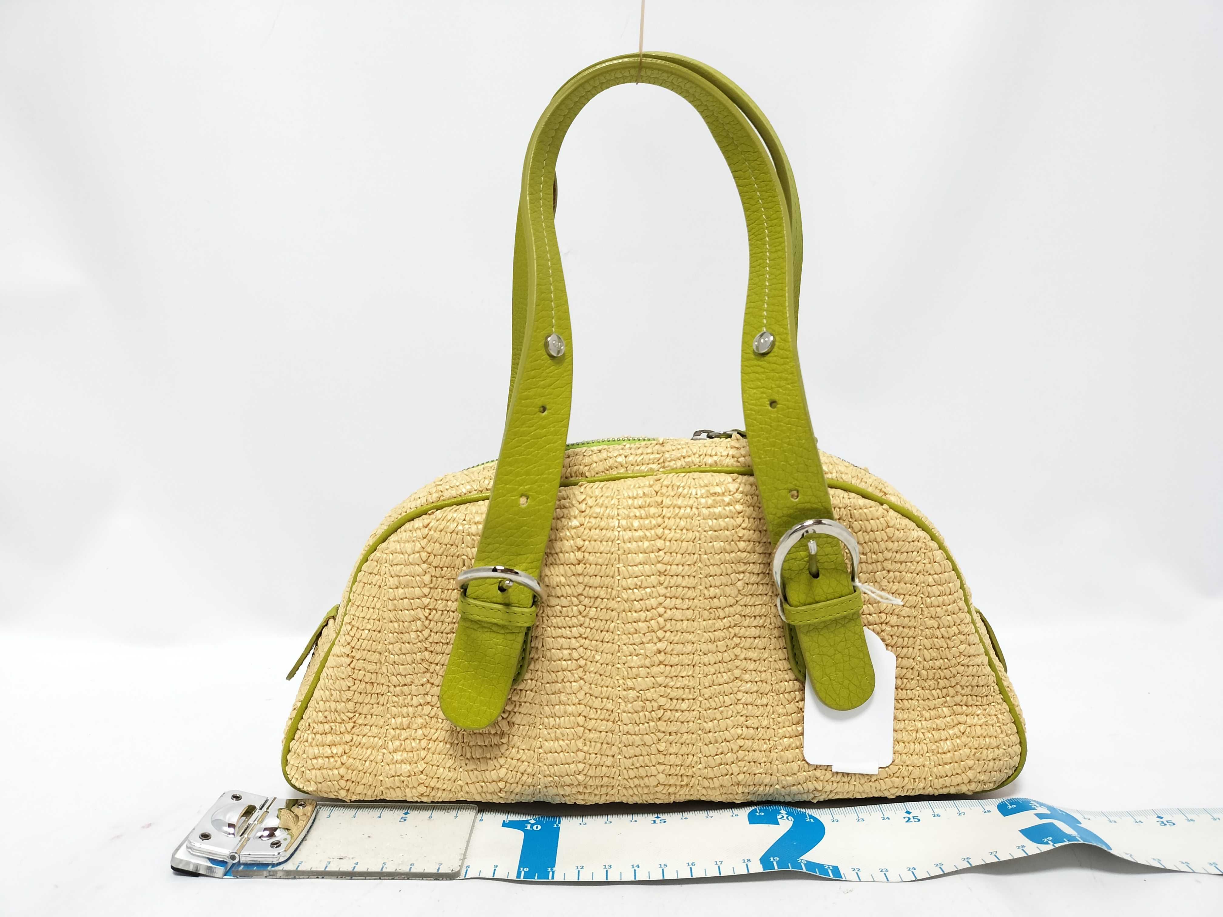 FR - Raffia x green leather handbag — view 2