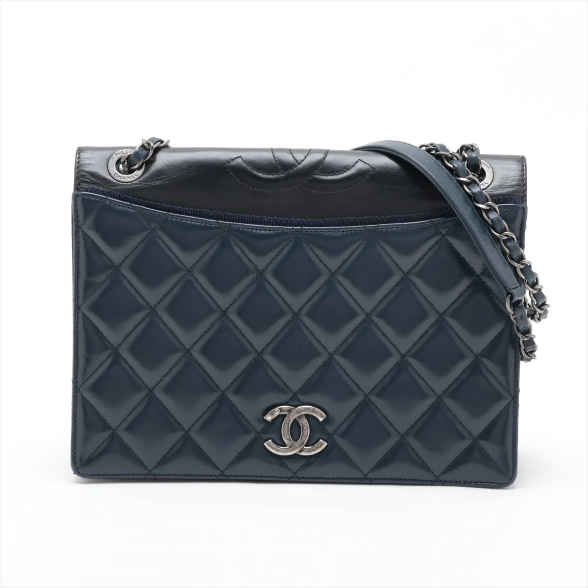 Matelassé Lambskin Single Flap Double Chain Bag, Navy x Black, Gunmetal Hardware, 21525294, Serial Number 21