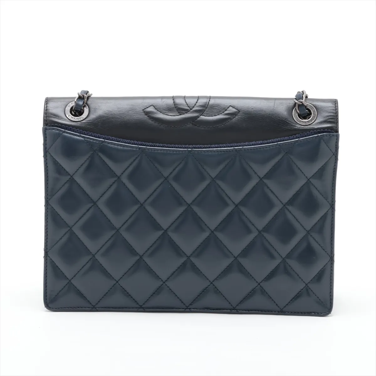 Matelassé Lambskin Single Flap Double Chain Bag, Navy x Black, Gunmetal Hardware, 21525294, Serial Number 21 — view 2