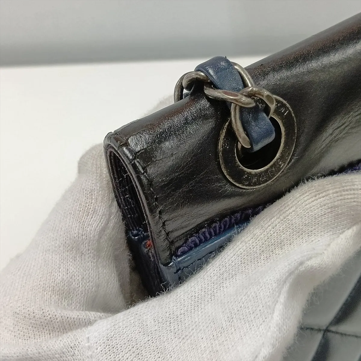 Matelassé Lambskin Single Flap Double Chain Bag, Navy x Black, Gunmetal Hardware, 21525294, Serial Number 21 — view 11