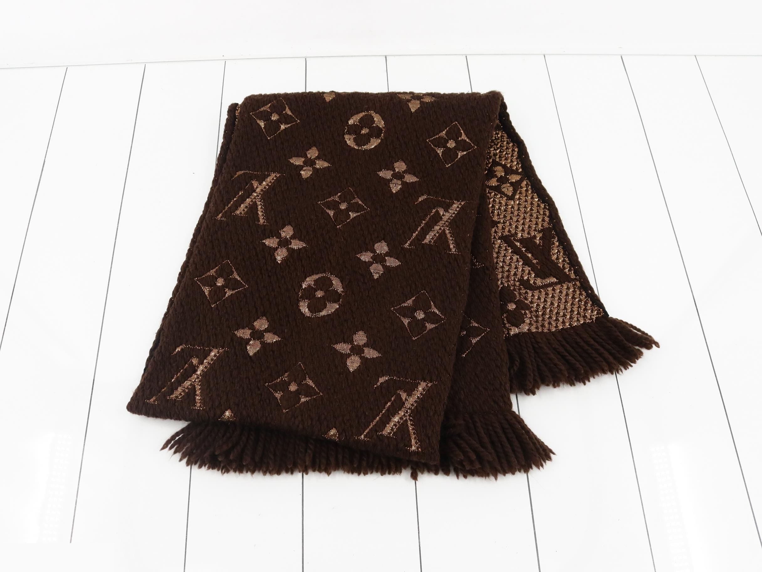 Logo Mania Long Scarf, Domestic Tag Included, Brown & Gold — view 3