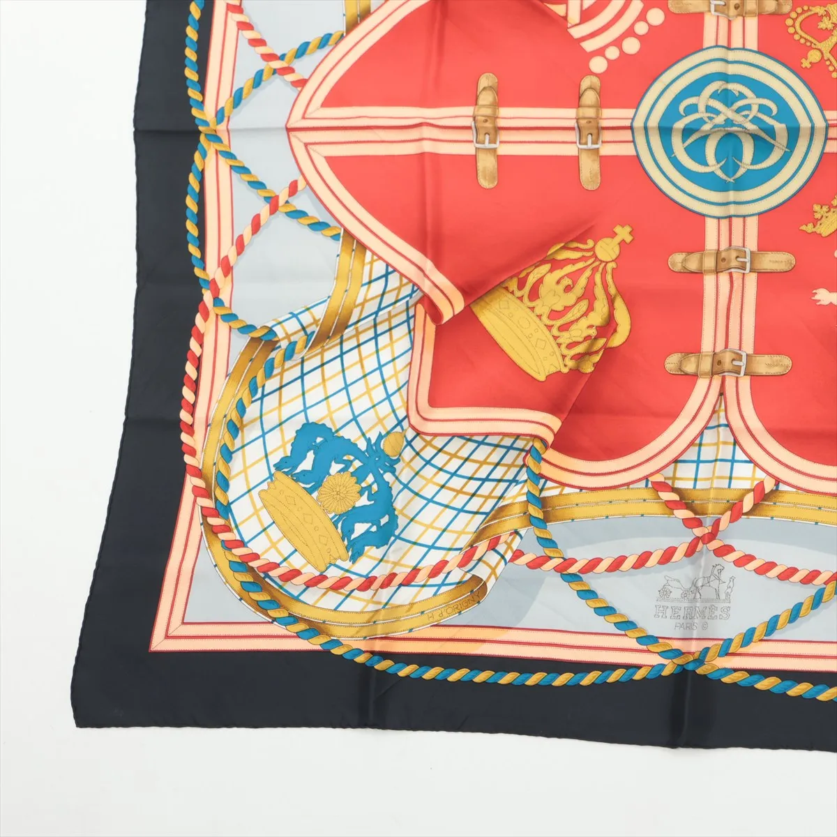 Carre 90 GRANDE TENUE Horse Ceremonial Scarf, Silk, Black. Shows signs of wear, including snags, loose threads, — view 5