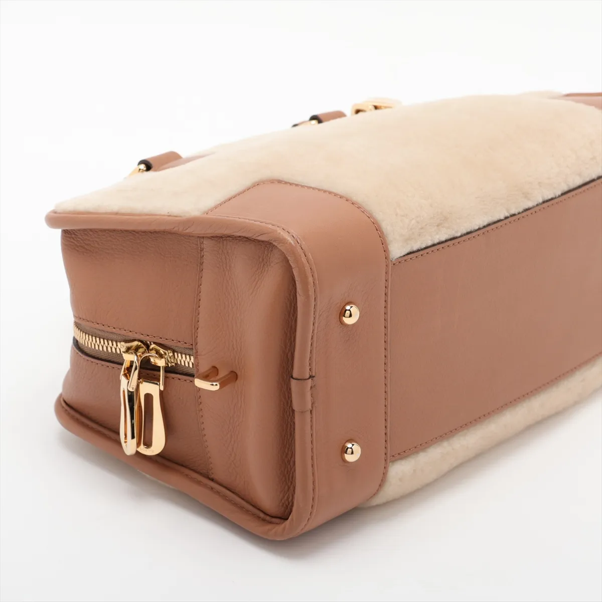 Amazona 28 Shearling and Leather Handbag, Beige x Brown — view 4