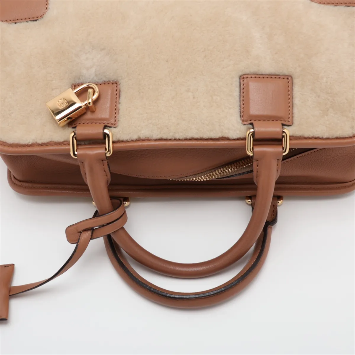 Amazona 28 Shearling and Leather Handbag, Beige x Brown — view 5