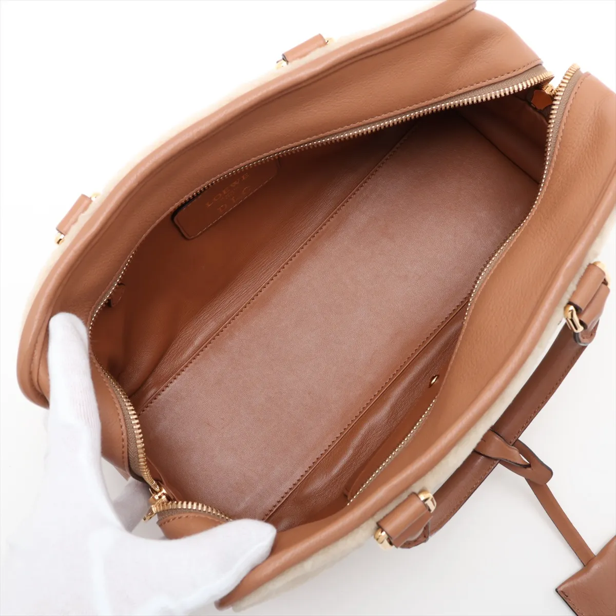 Amazona 28 Shearling and Leather Handbag, Beige x Brown — view 7