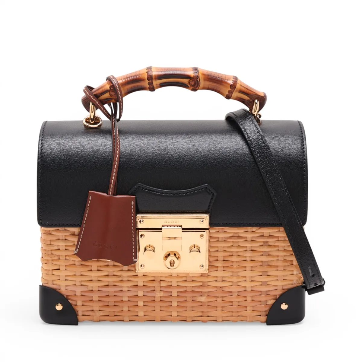 Padlock Rattan x Leather 2-Way Handbag Black x Beige 648962