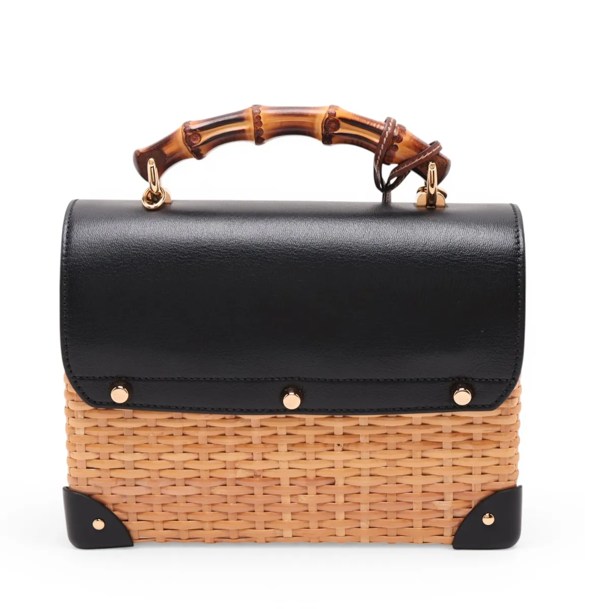 Padlock Rattan x Leather 2-Way Handbag Black x Beige 648962 — view 2