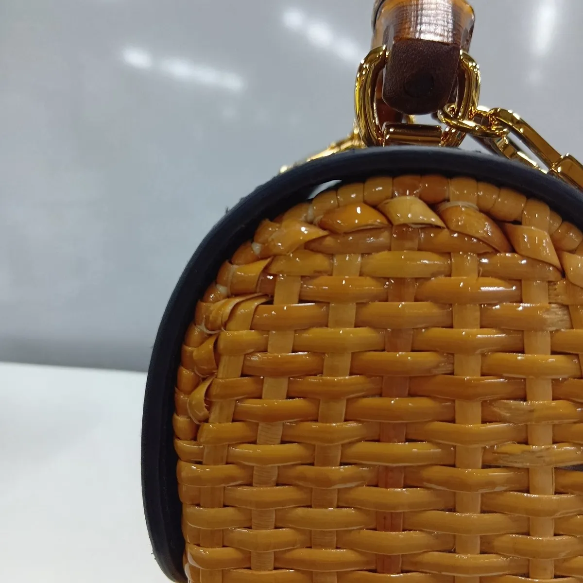 Padlock Rattan x Leather 2-Way Handbag Black x Beige 648962 — view 15