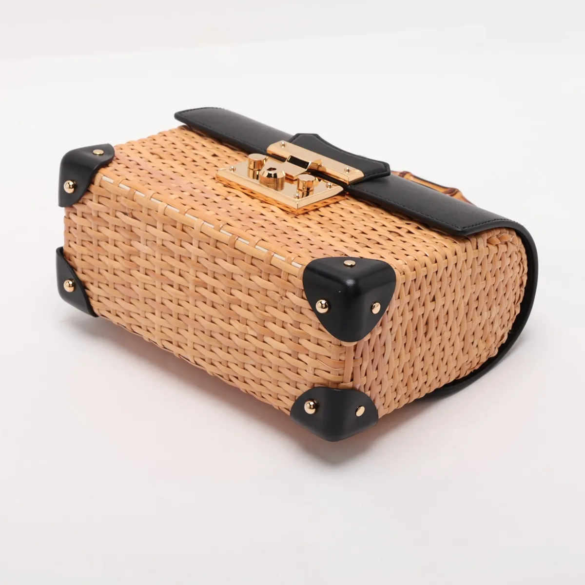 Padlock Rattan x Leather 2-Way Handbag Black x Beige 648962 — view 3