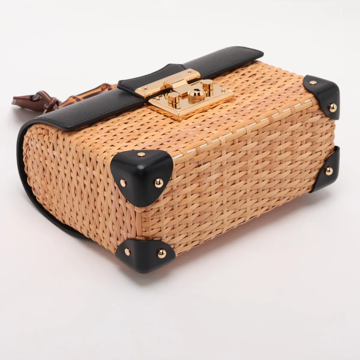 Padlock Rattan x Leather 2-Way Handbag Black x Beige 648962 — view 4
