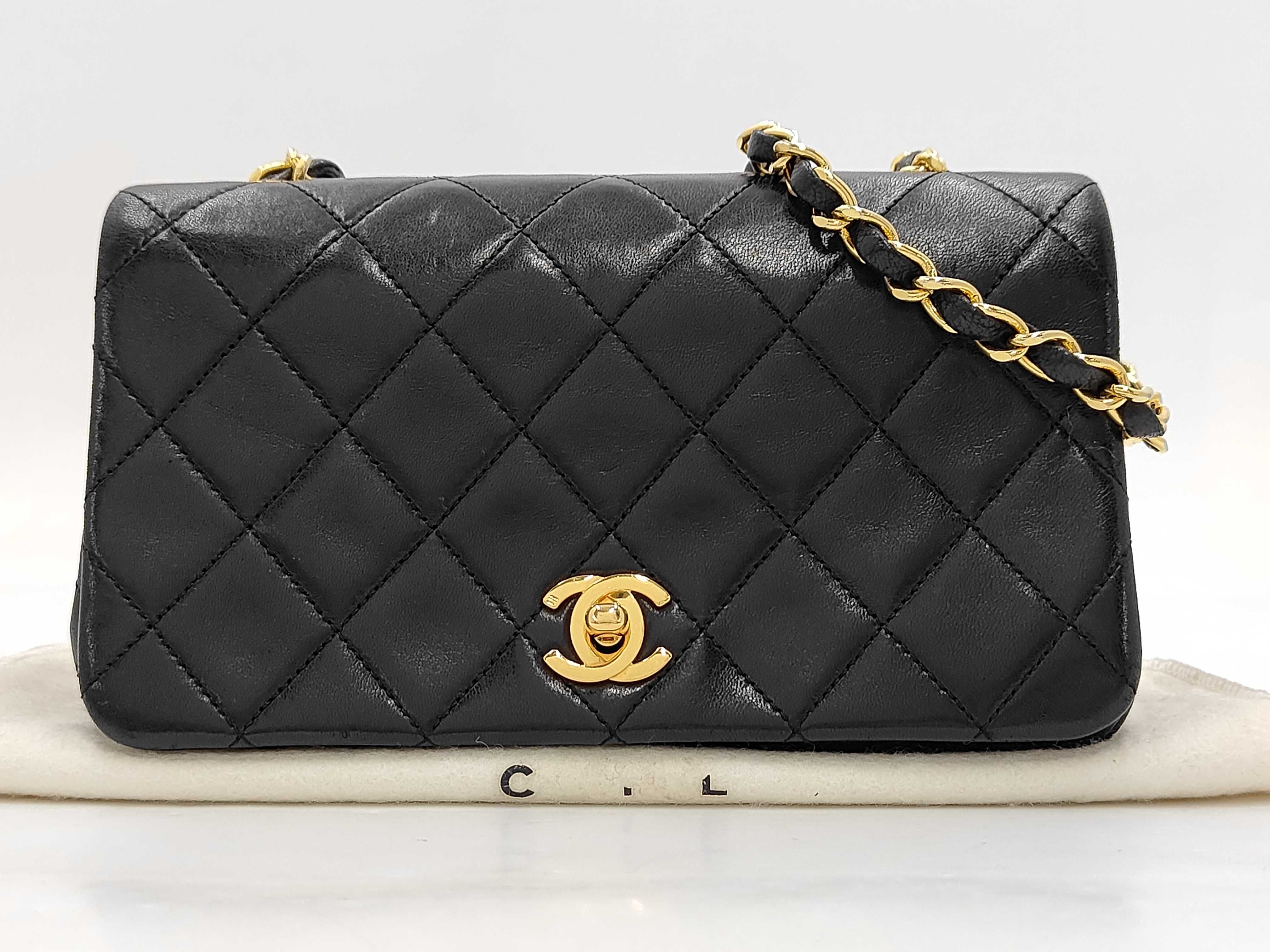 Lambskin Mini Matelassé Full Flap Black Chain Shoulder Bag (with seal)
