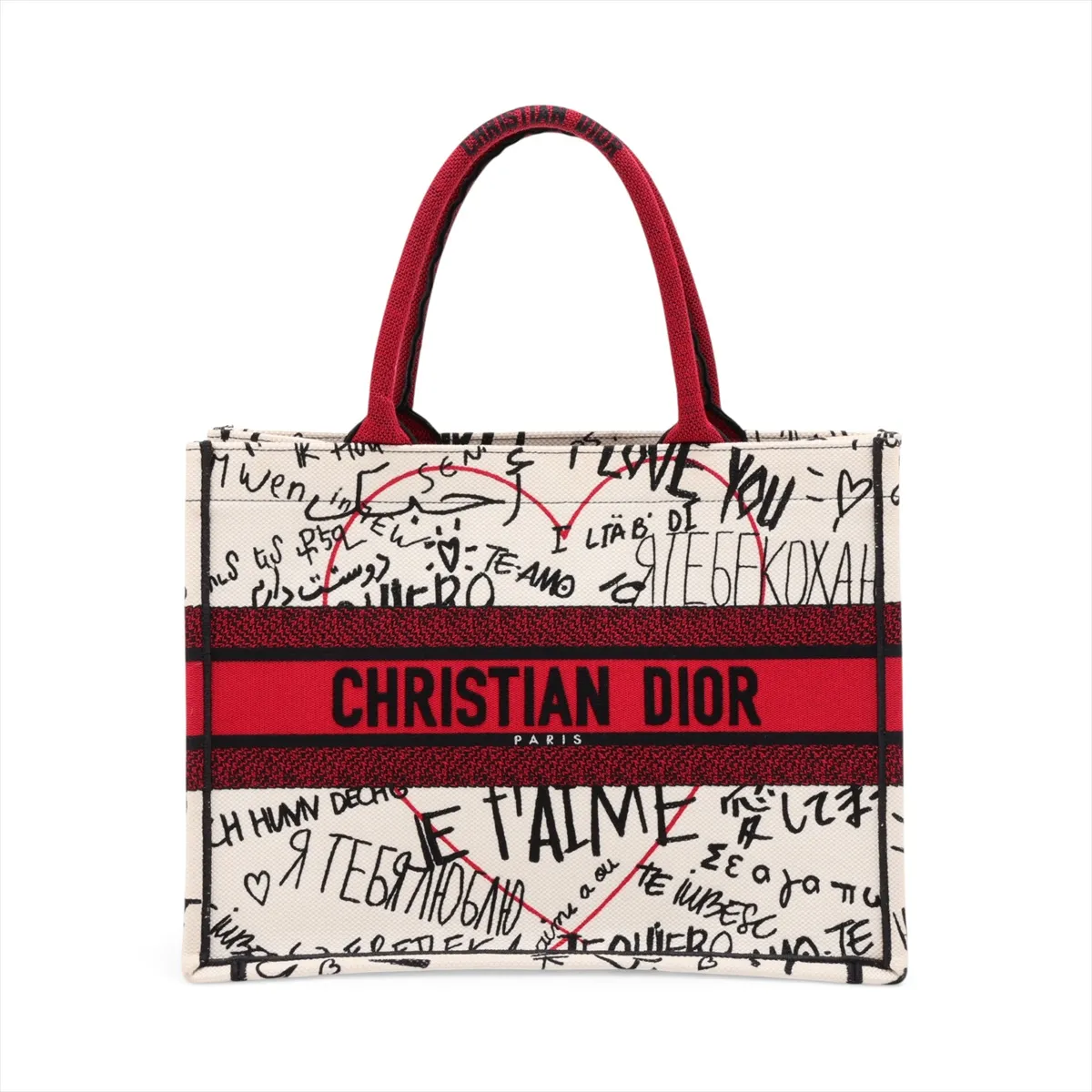 Amour Book Tote Medium Canvas Tote Bag Beige x Red