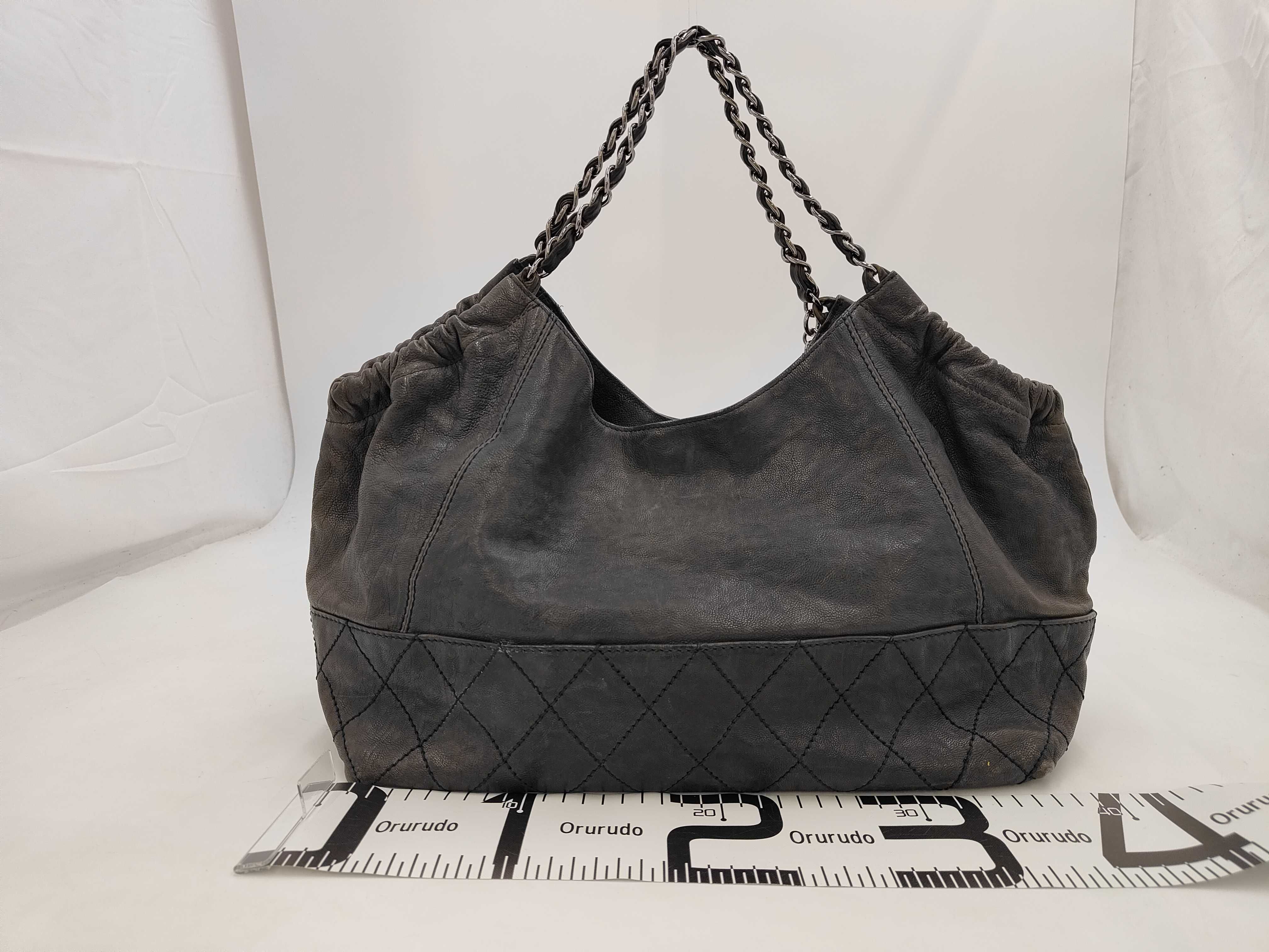 ID- Coco Cabas Cow Skin Chain Tote Bag Wild Stitch Brown Silver Metal Fit Tote Bag — view 2