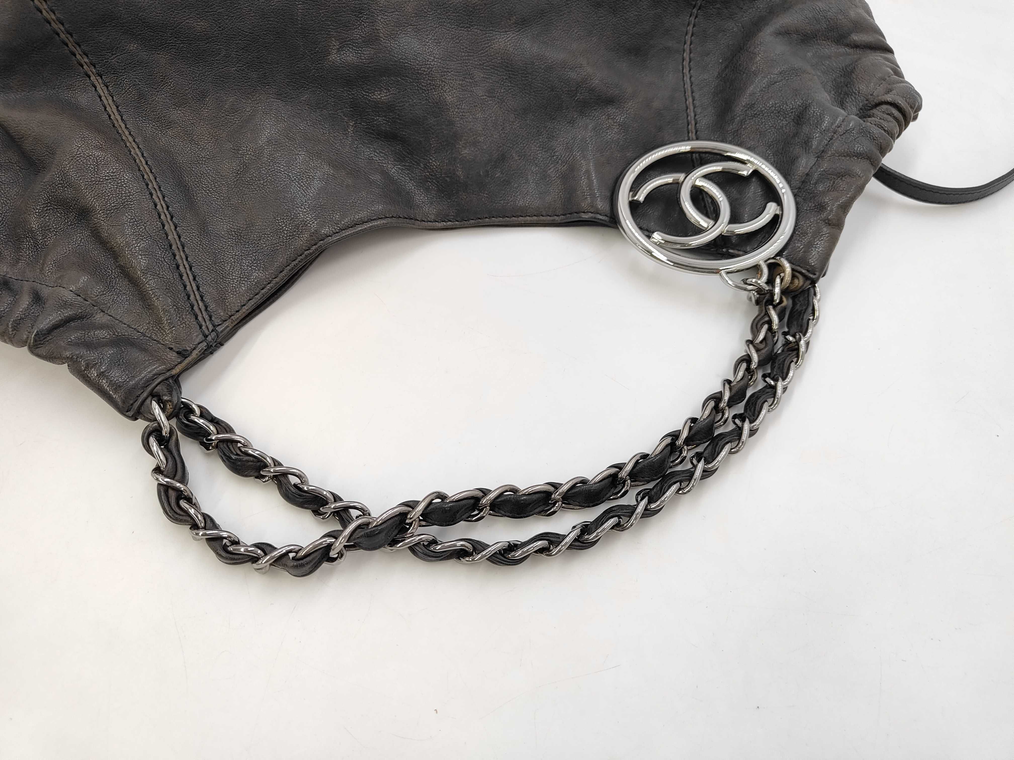 ID- Coco Cabas Cow Skin Chain Tote Bag Wild Stitch Brown Silver Metal Fit Tote Bag — view 11