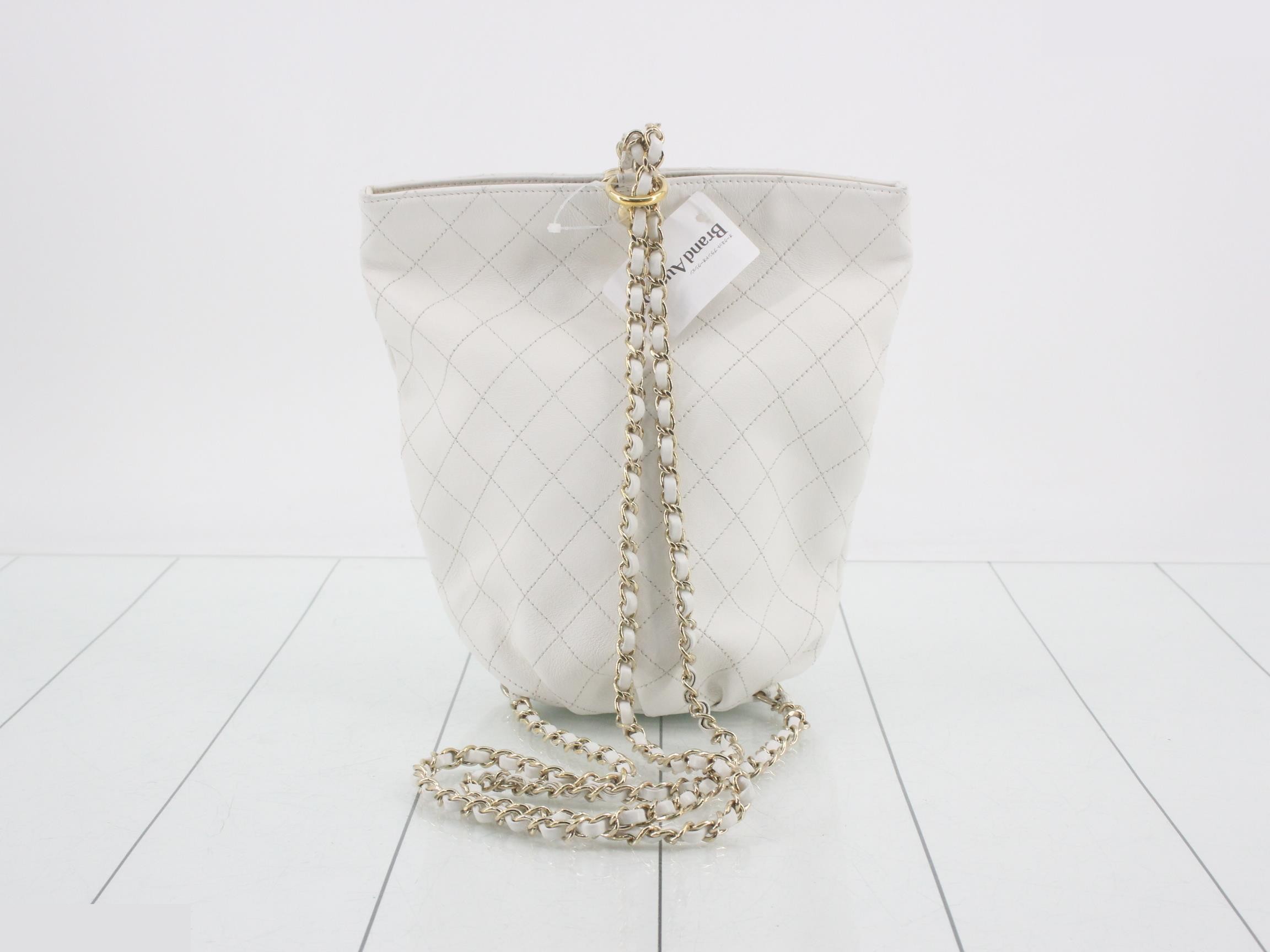 Leather Coco Mark Chain Backpack, White — view 2