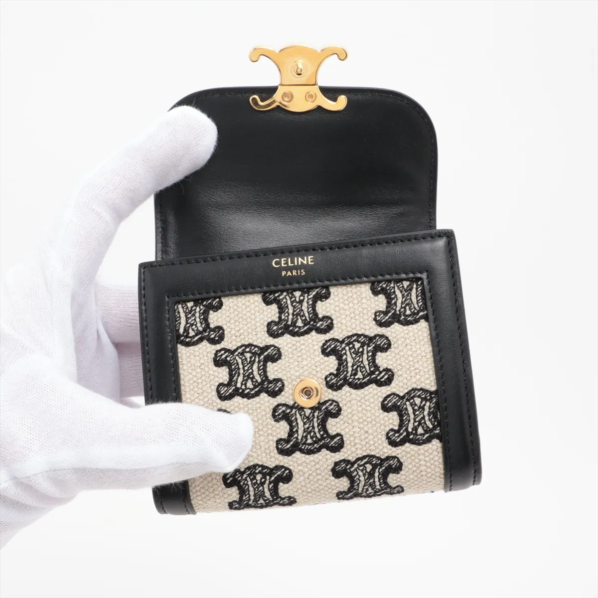 Triomphe Small Flap Wallet Canvas x Leather Compact Wallet Black x Ivory — view 3