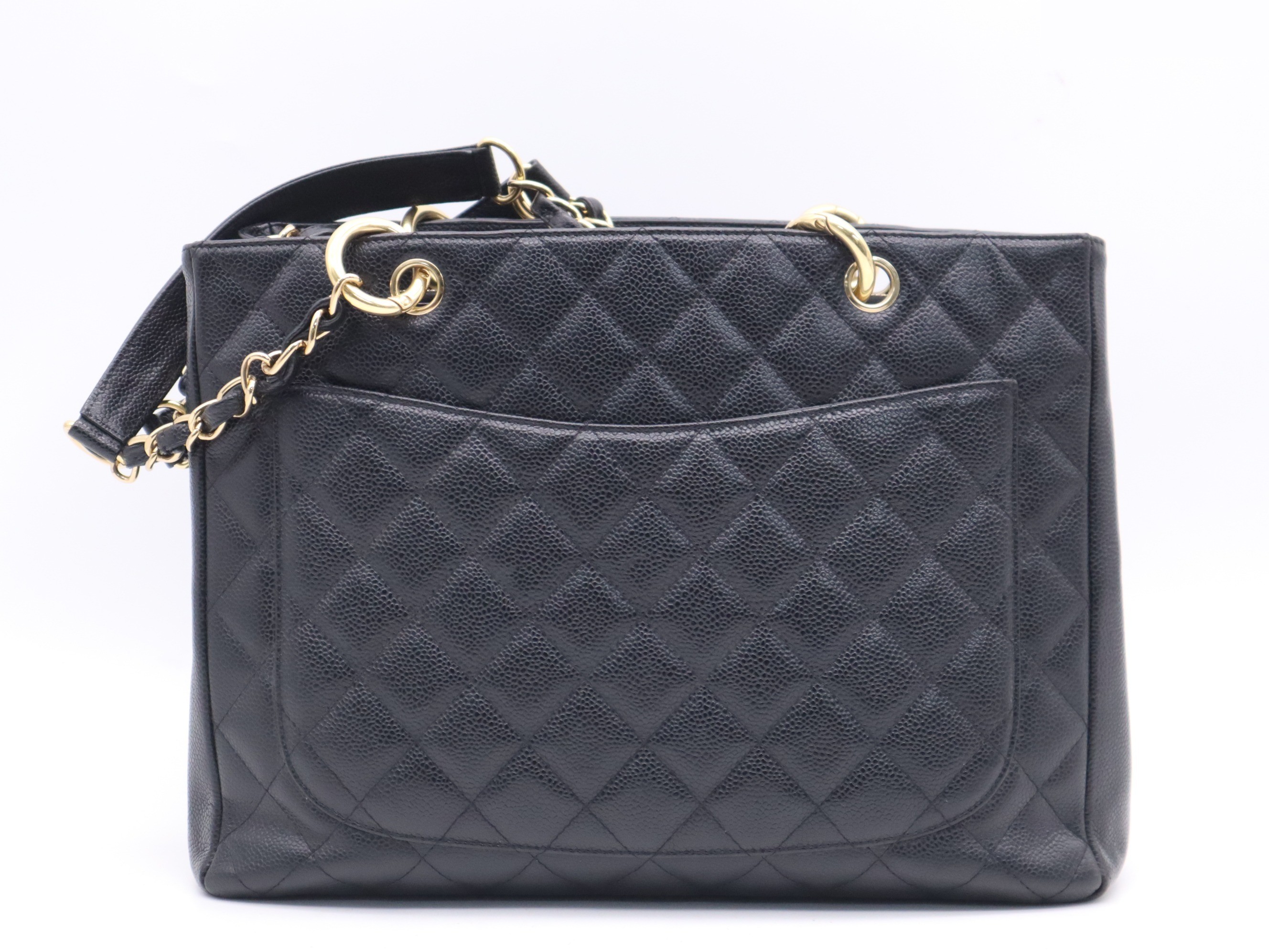 Caviar leather matelassé chain tote bag, black, gold hardware. — view 2