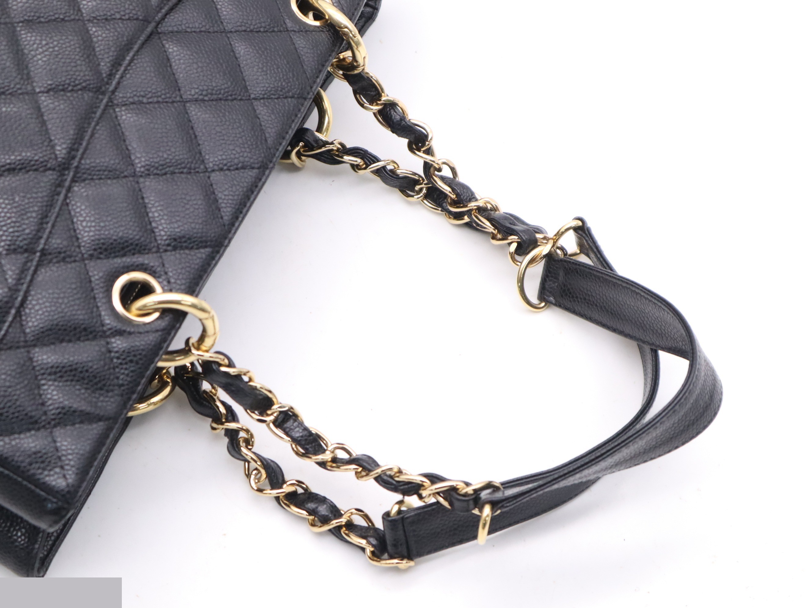 Caviar leather matelassé chain tote bag, black, gold hardware. — view 6