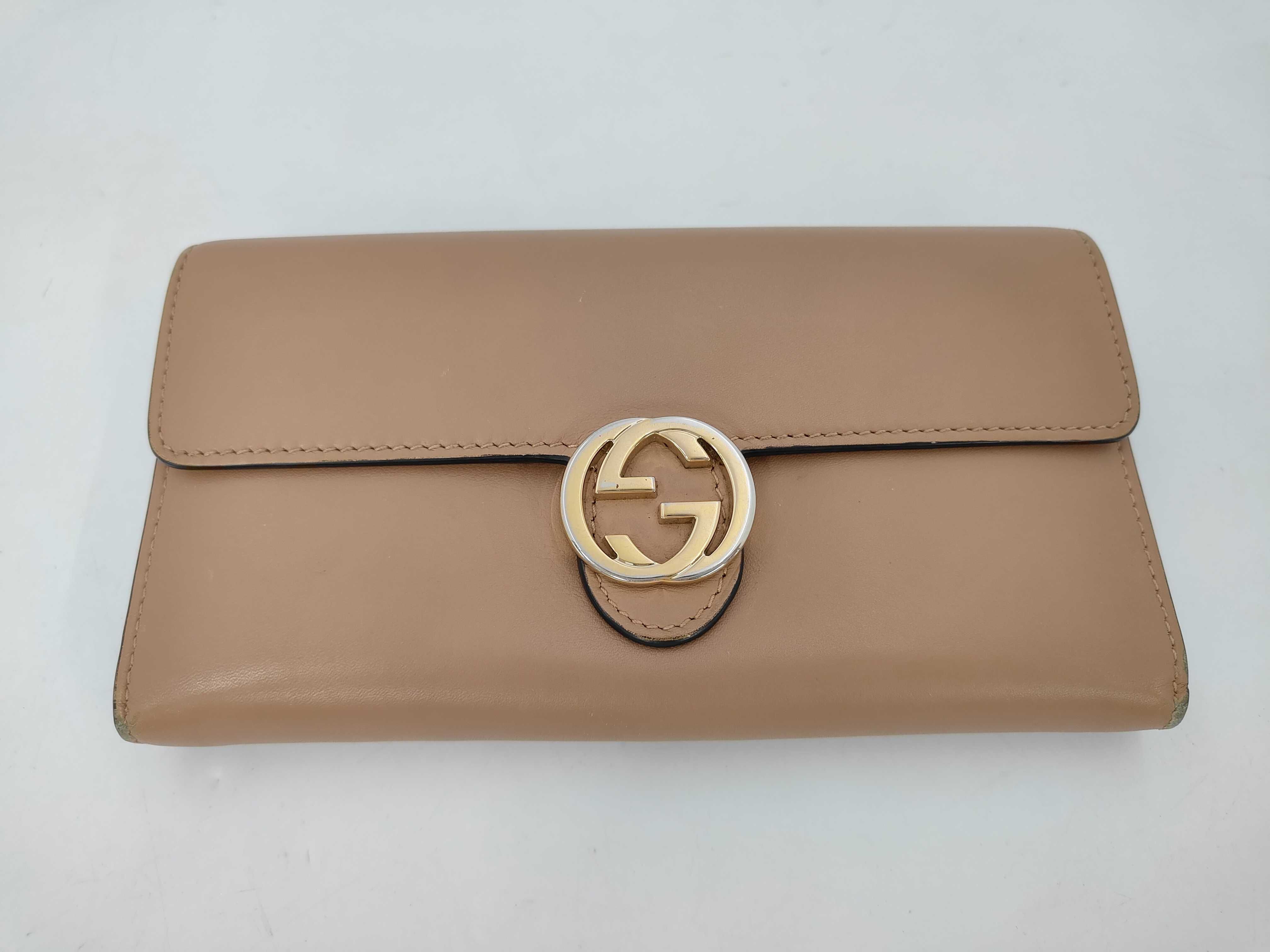 Interlocking Long Wallet, Leather, Beige, 369663