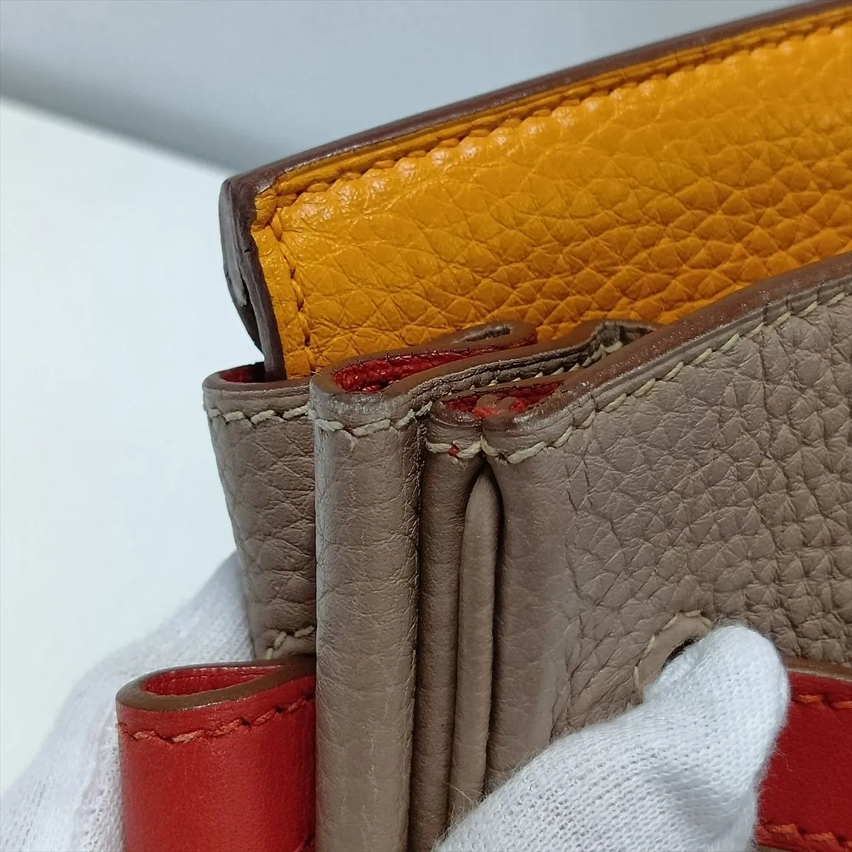 [Individually packaged] Hermes Birkin Casaque 35 Taurillon Clemence x Veau Swift Tourterelle Grey x Sanguine x Moutard Matte Silver Hardware P: 2012 — view 14