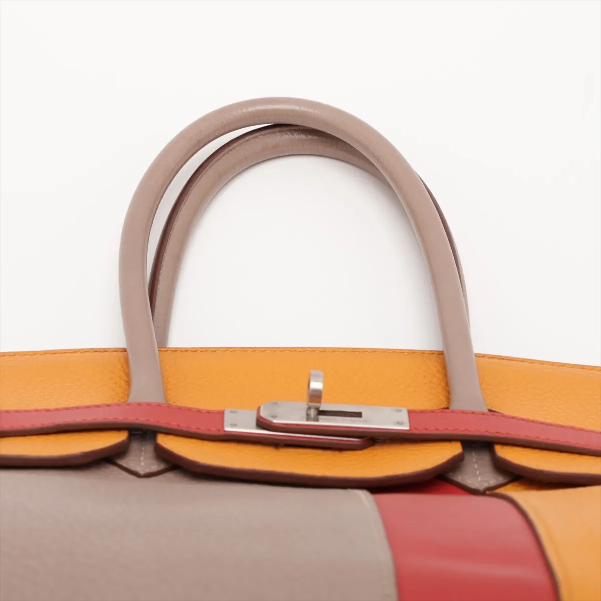[Individually packaged] Hermes Birkin Casaque 35 Taurillon Clemence x Veau Swift Tourterelle Grey x Sanguine x Moutard Matte Silver Hardware P: 2012 — view 6