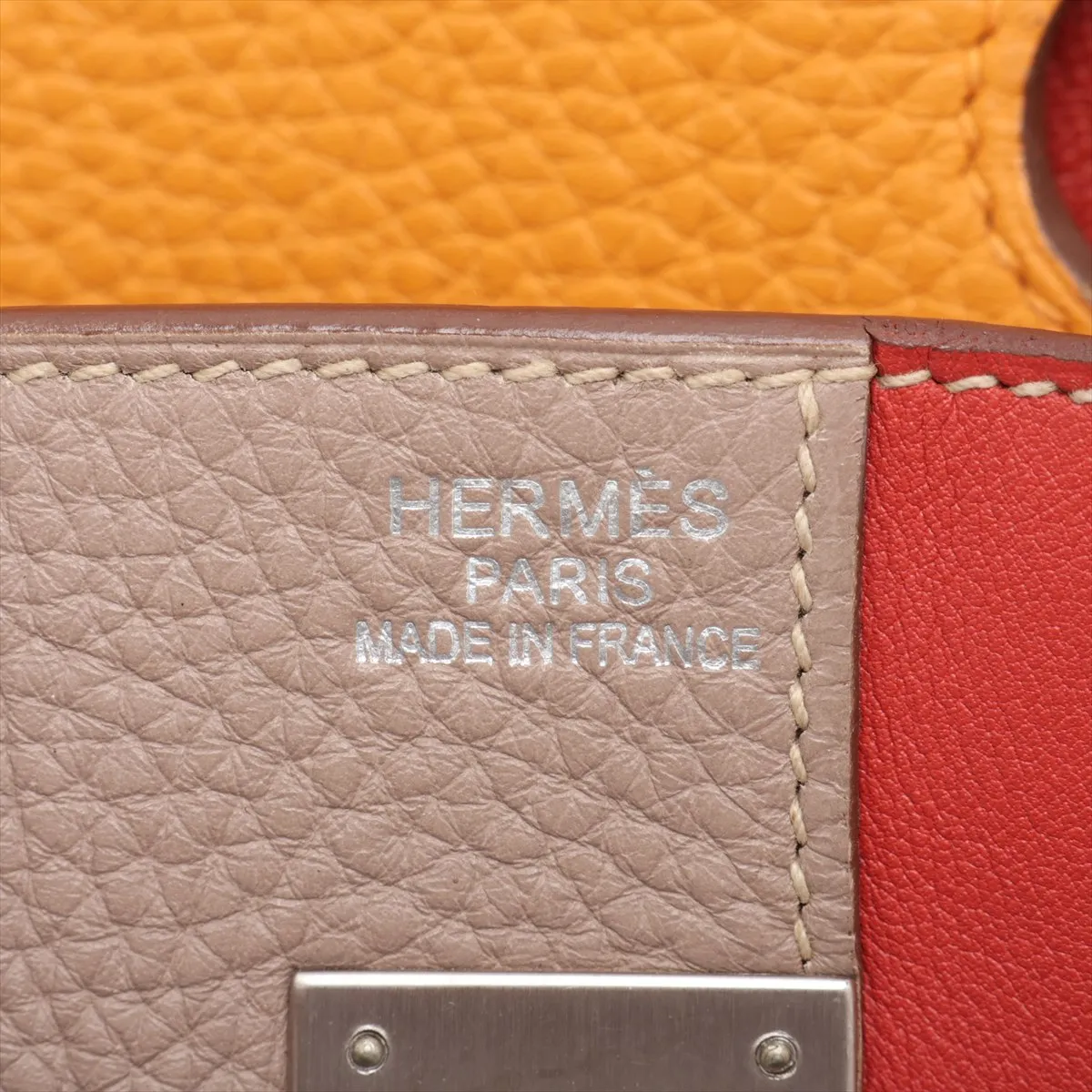 [Individually packaged] Hermes Birkin Casaque 35 Taurillon Clemence x Veau Swift Tourterelle Grey x Sanguine x Moutard Matte Silver Hardware P: 2012 — view 10