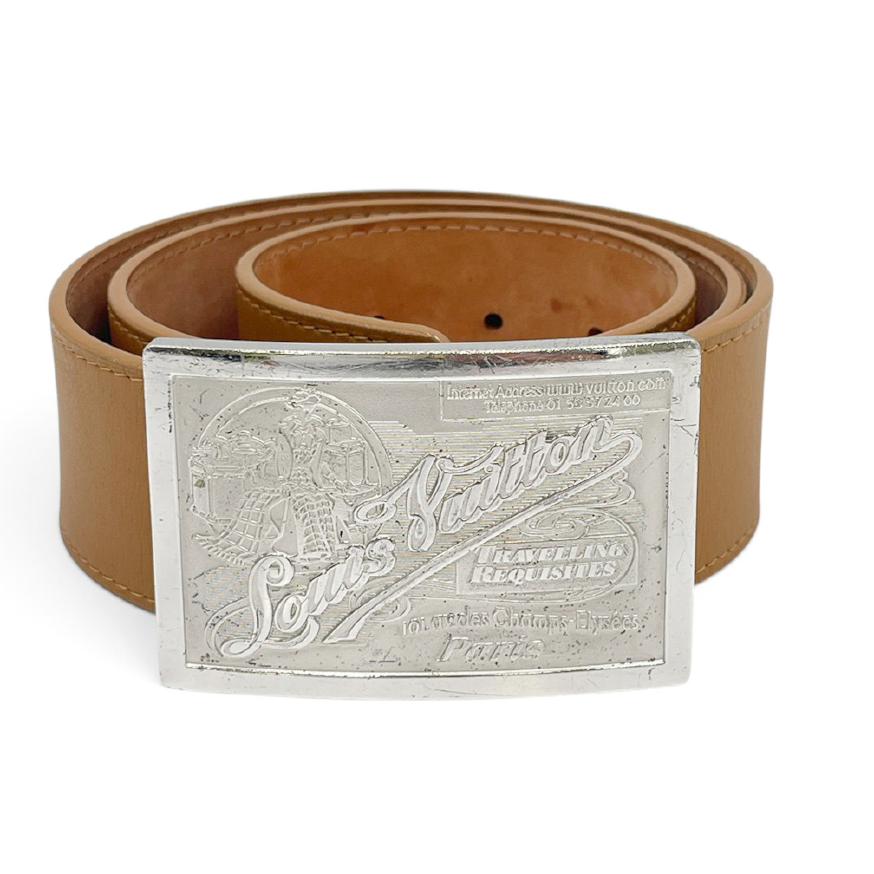 Men's Belt, Jeans Size 85, Silver Buckle, Leather, Camel Brown, Simple Buckle.