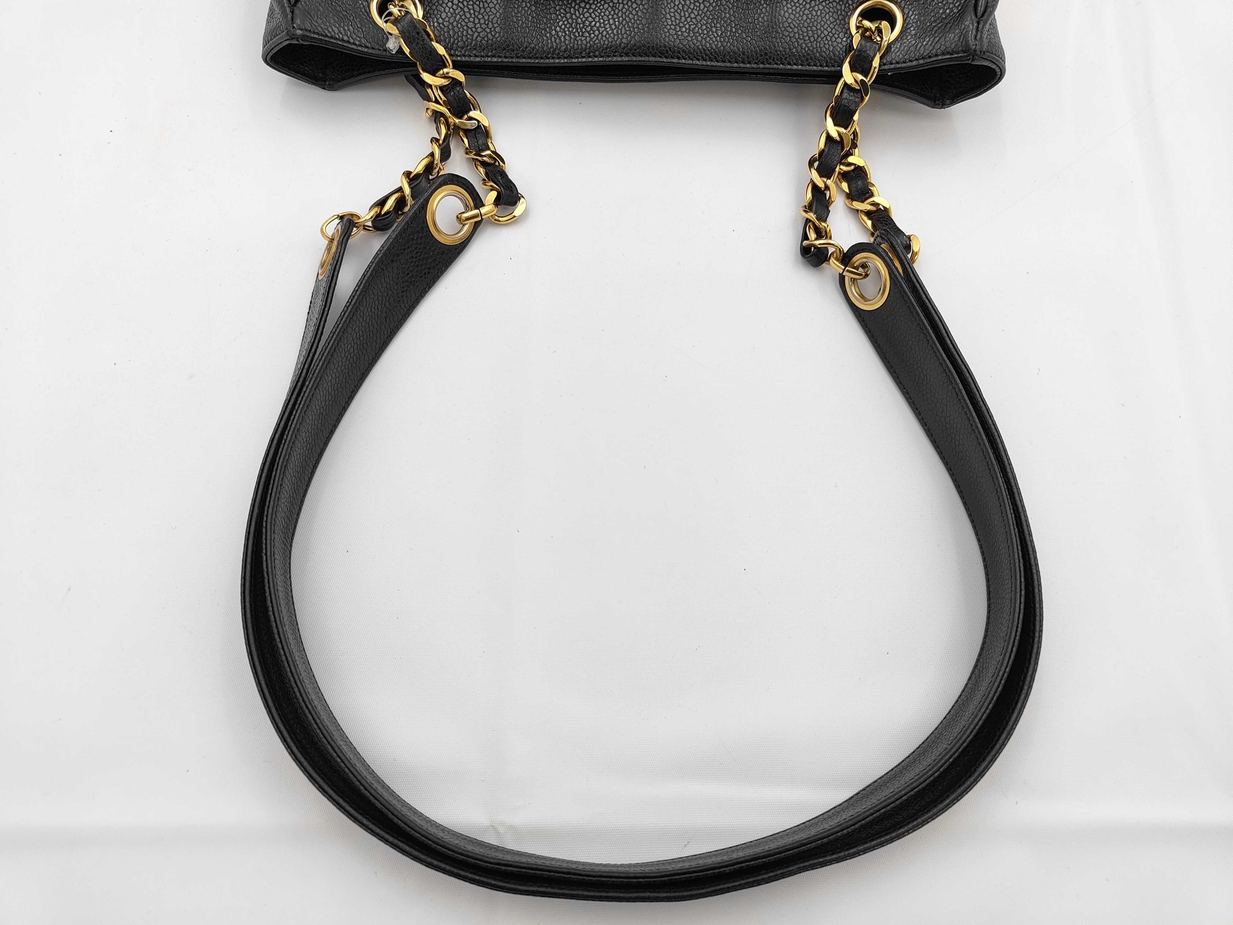 Caviar Skin Triple Coco Chain Tote Bag, Black Tote Bag — view 3