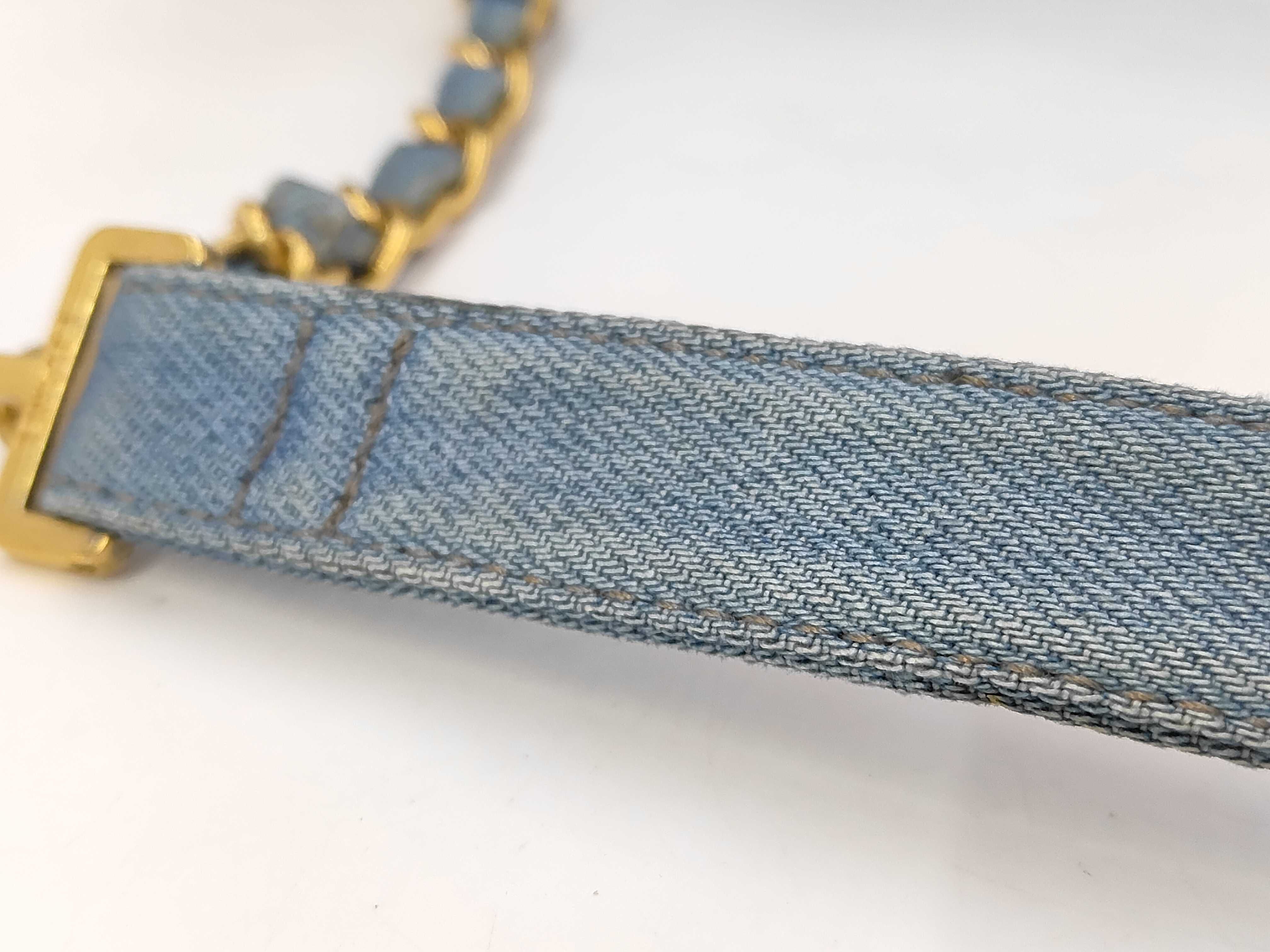 denim backpack with gold hardware and chain strap (model number 4) — view 4