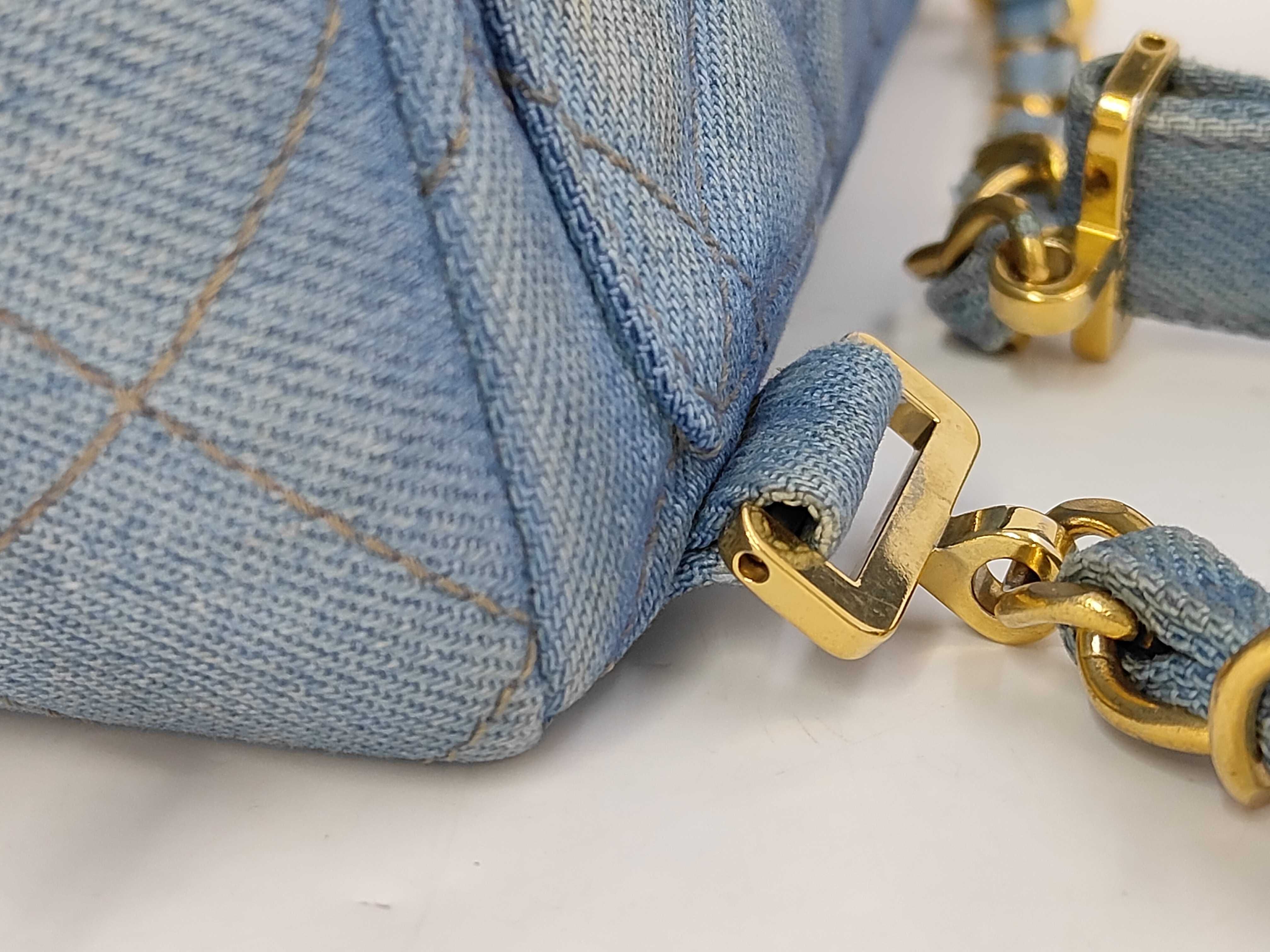denim backpack with gold hardware and chain strap (model number 4) — view 5