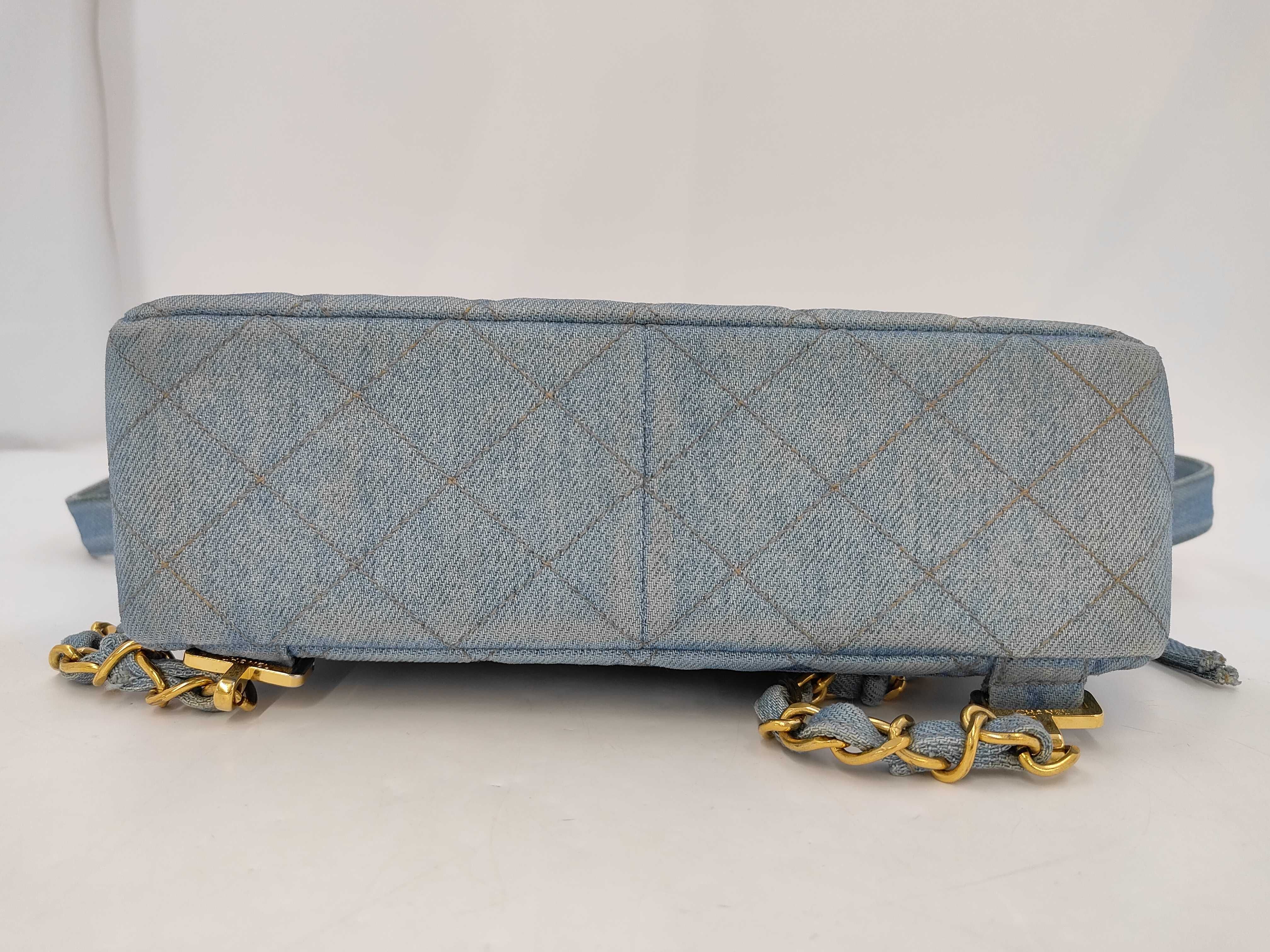 denim backpack with gold hardware and chain strap (model number 4) — view 7