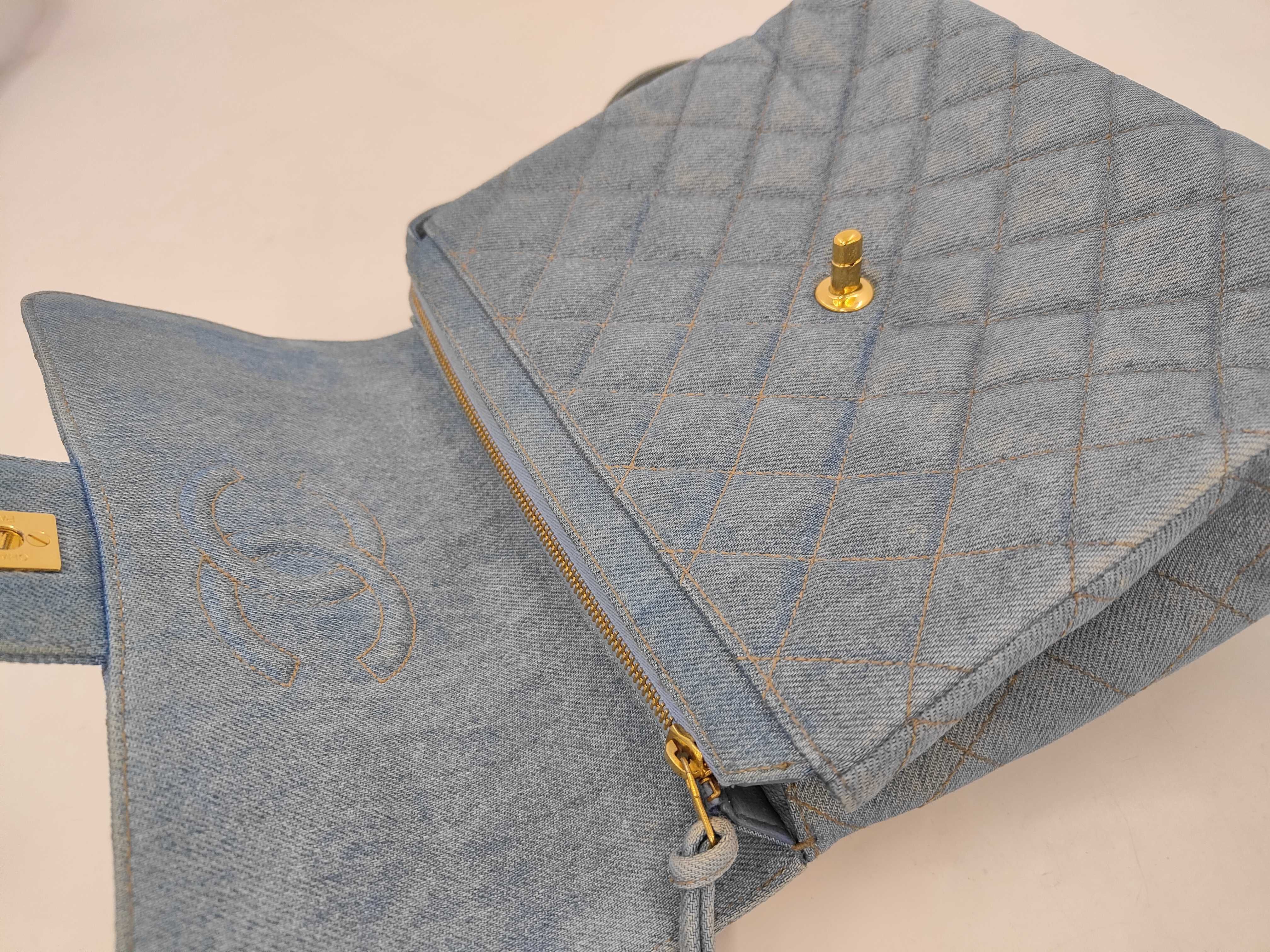 denim backpack with gold hardware and chain strap (model number 4) — view 8