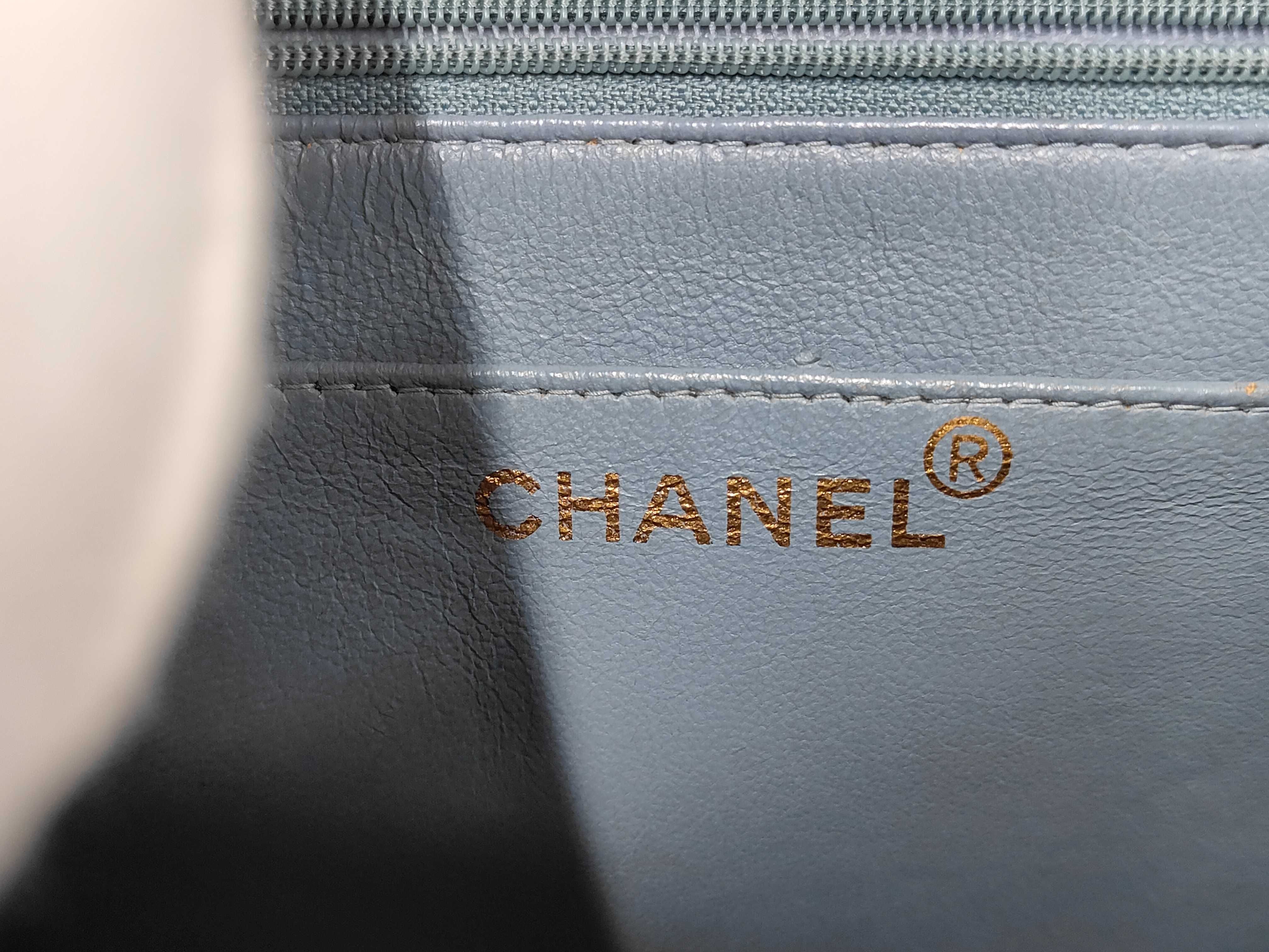 denim backpack with gold hardware and chain strap (model number 4) — view 10