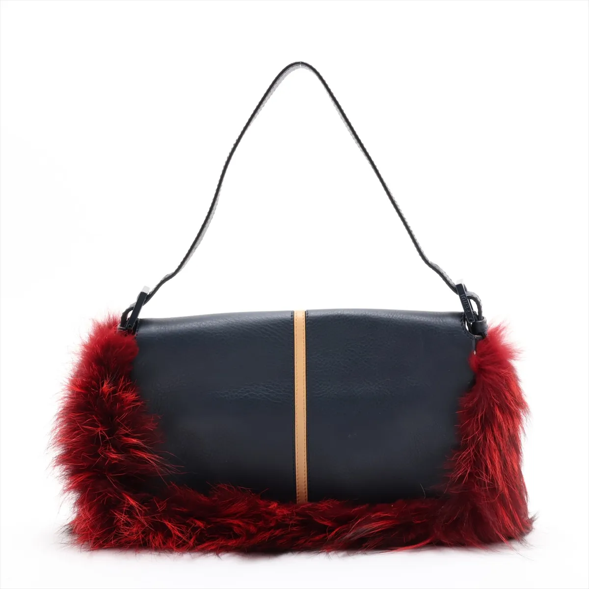 Monster Baguette Leather x Fur Shoulder Bag, Navy x Red, 8BR600, with Mirror — view 2