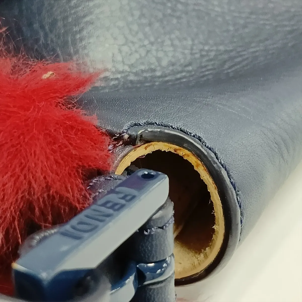 Monster Baguette Leather x Fur Shoulder Bag, Navy x Red, 8BR600, with Mirror — view 14