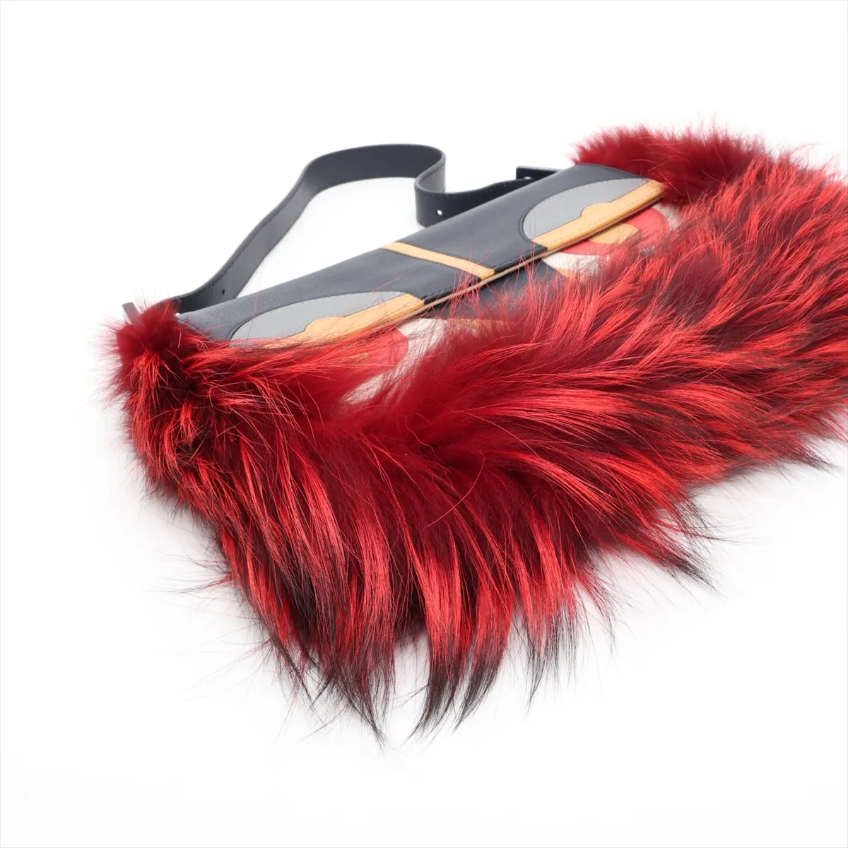 Monster Baguette Leather x Fur Shoulder Bag, Navy x Red, 8BR600, with Mirror — view 4