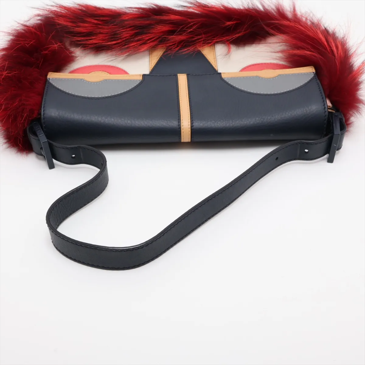 Monster Baguette Leather x Fur Shoulder Bag, Navy x Red, 8BR600, with Mirror — view 5